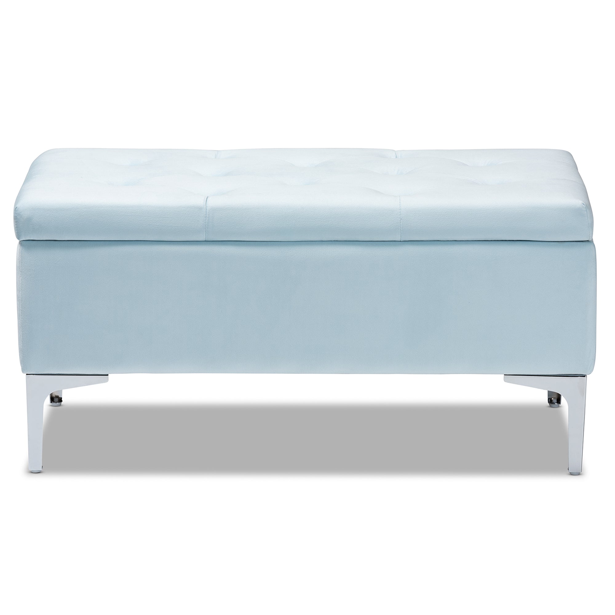 Baxton Studio Mabel Modern and Contemporary Transitional Light Blue Velvet Fabric Upholstered Silver Finished Storage Ottoman