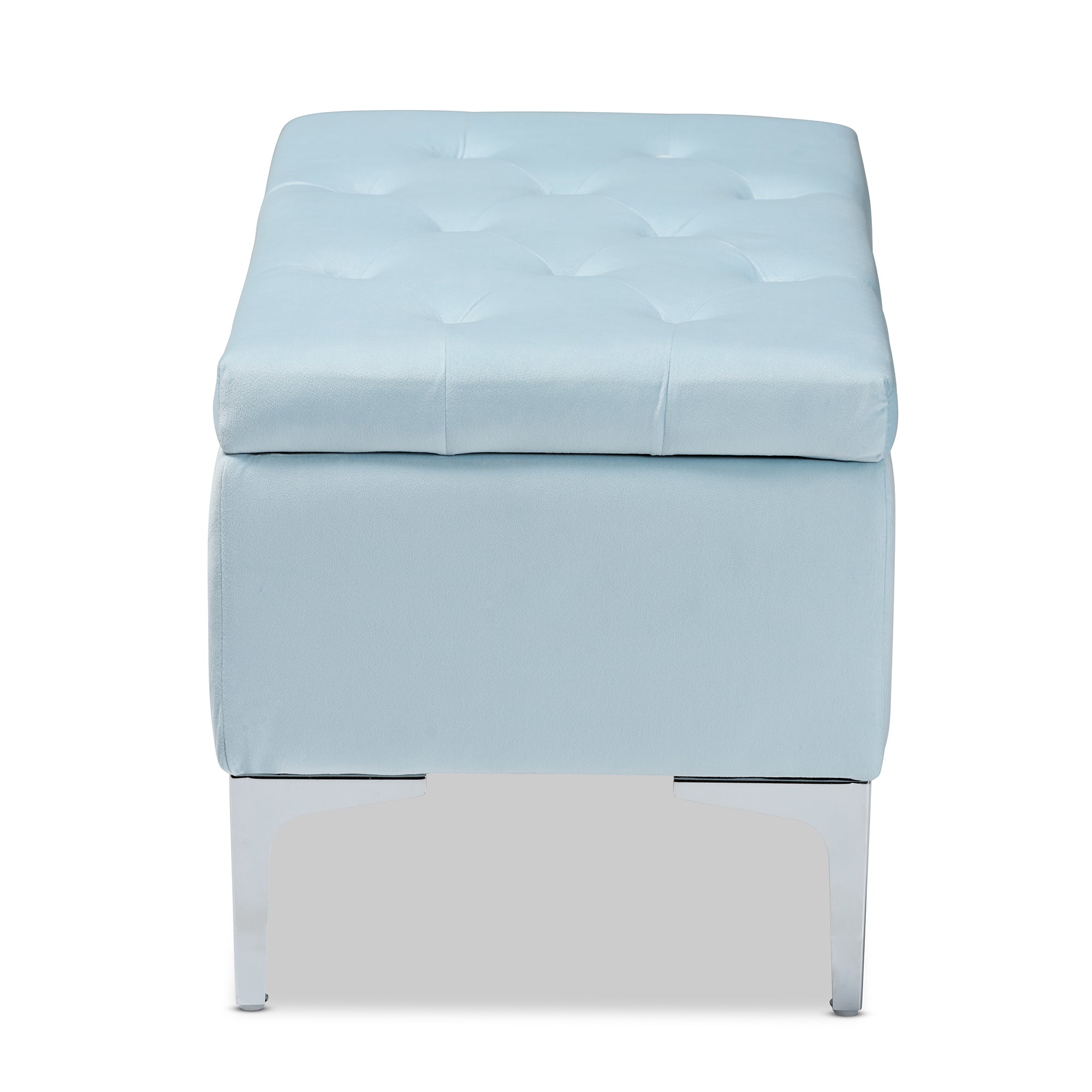 Baxton Studio Mabel Modern and Contemporary Transitional Light Blue Velvet Fabric Upholstered Silver Finished Storage Ottoman