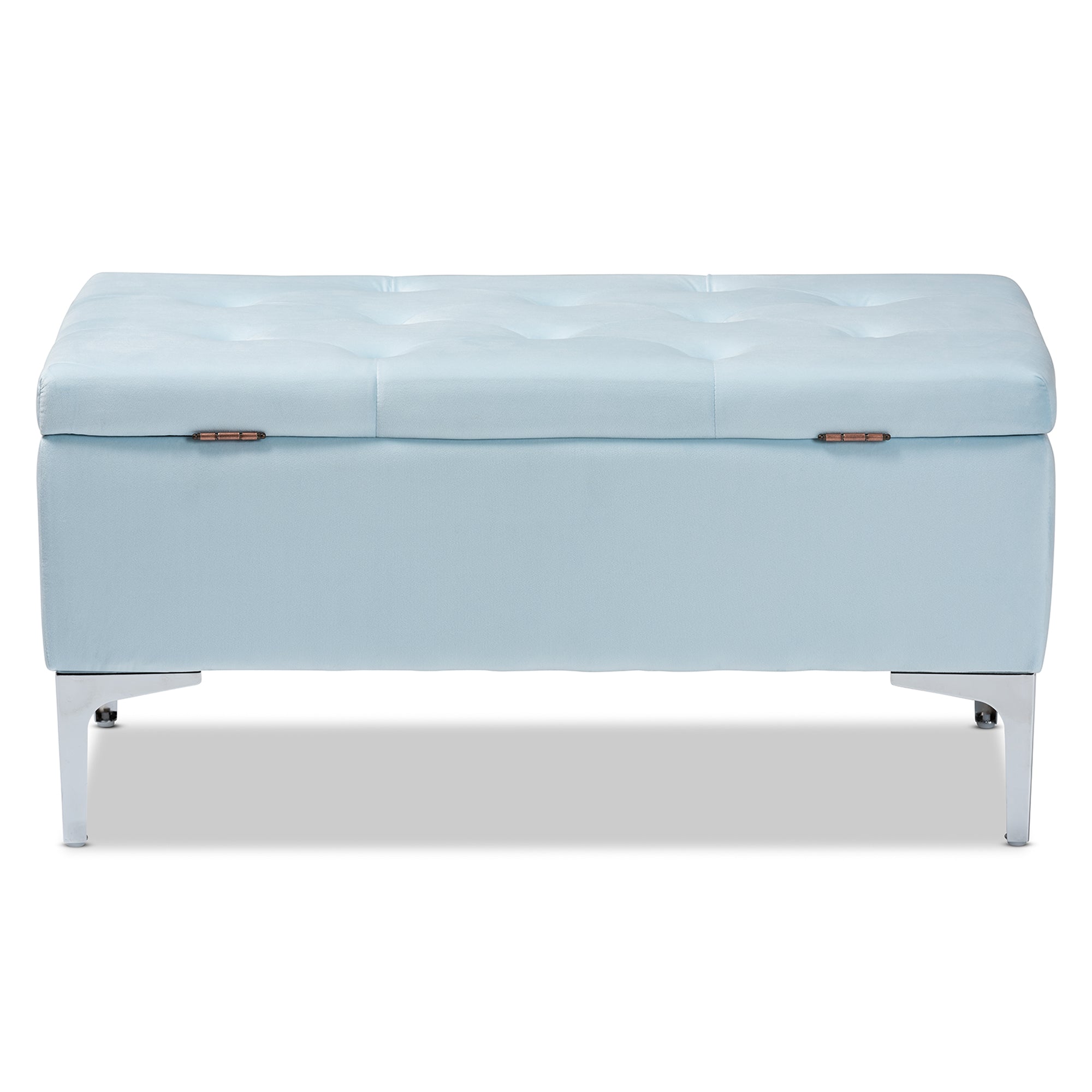 Baxton Studio Mabel Modern and Contemporary Transitional Light Blue Velvet Fabric Upholstered Silver Finished Storage Ottoman