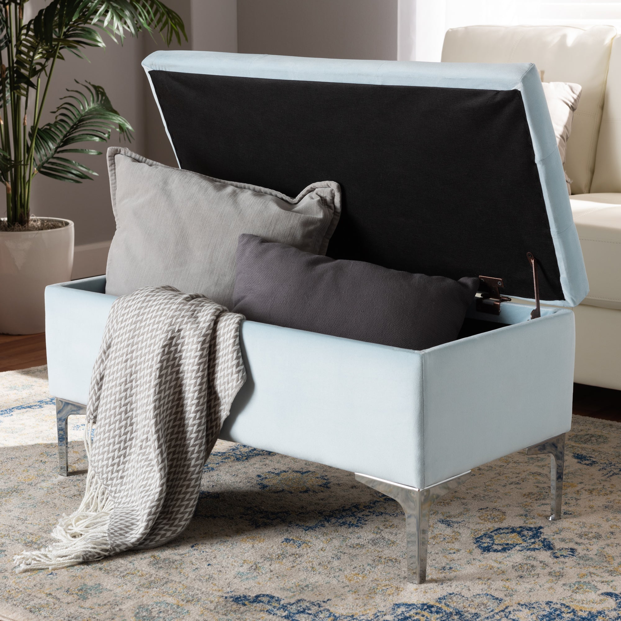Baxton Studio Mabel Modern and Contemporary Transitional Light Blue Velvet Fabric Upholstered Silver Finished Storage Ottoman