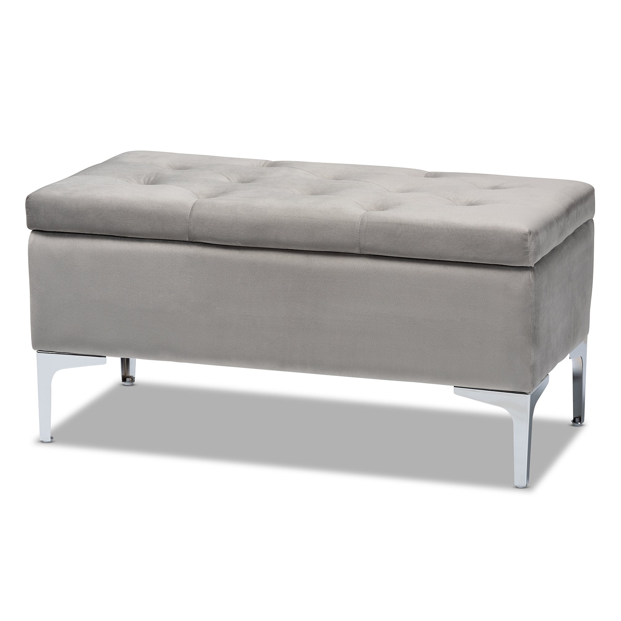 Baxton Studio Mabel Modern and Contemporary Transitional Grey Velvet Fabric Upholstered Silver Finished Storage Ottoman