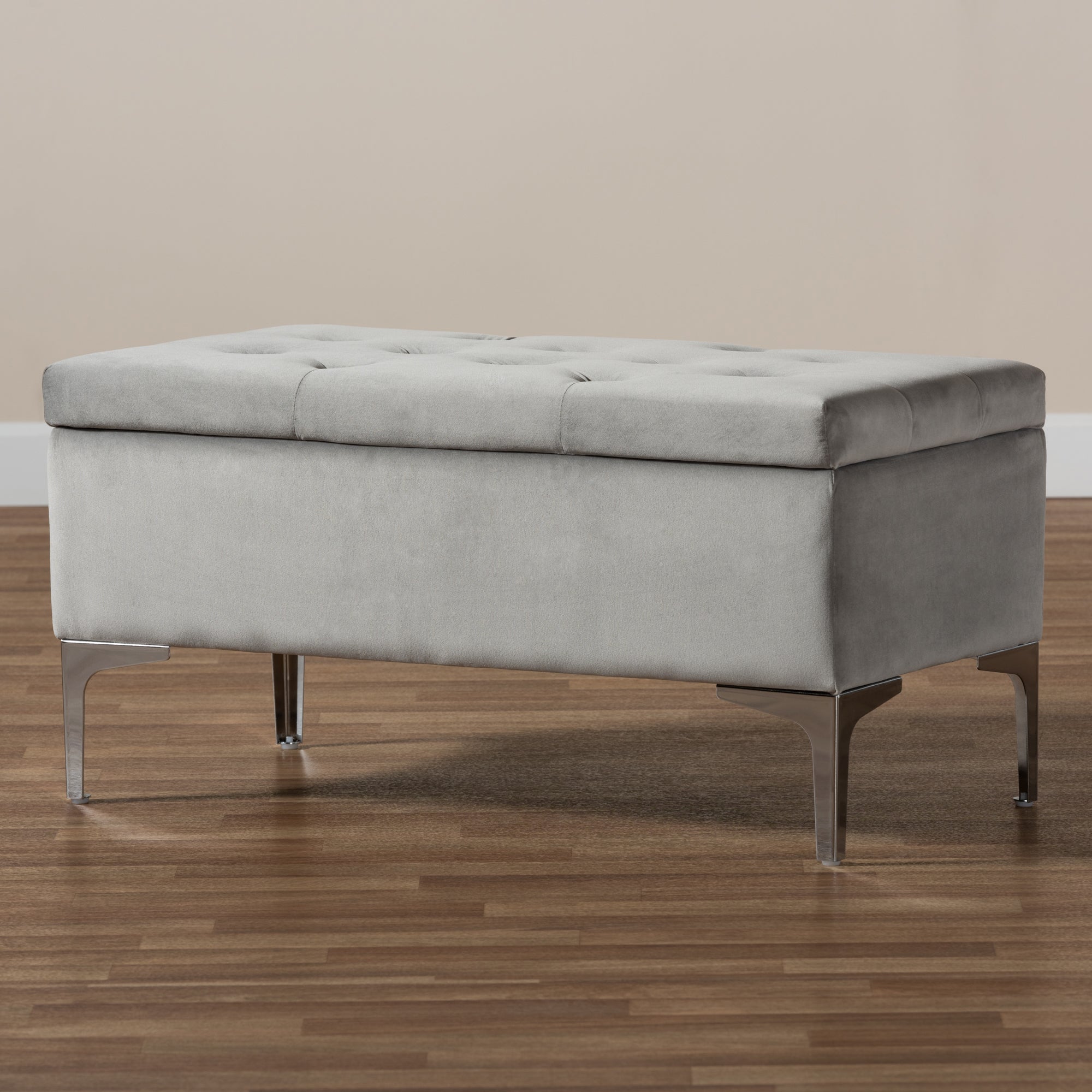 Baxton Studio Mabel Modern and Contemporary Transitional Grey Velvet Fabric Upholstered Silver Finished Storage Ottoman