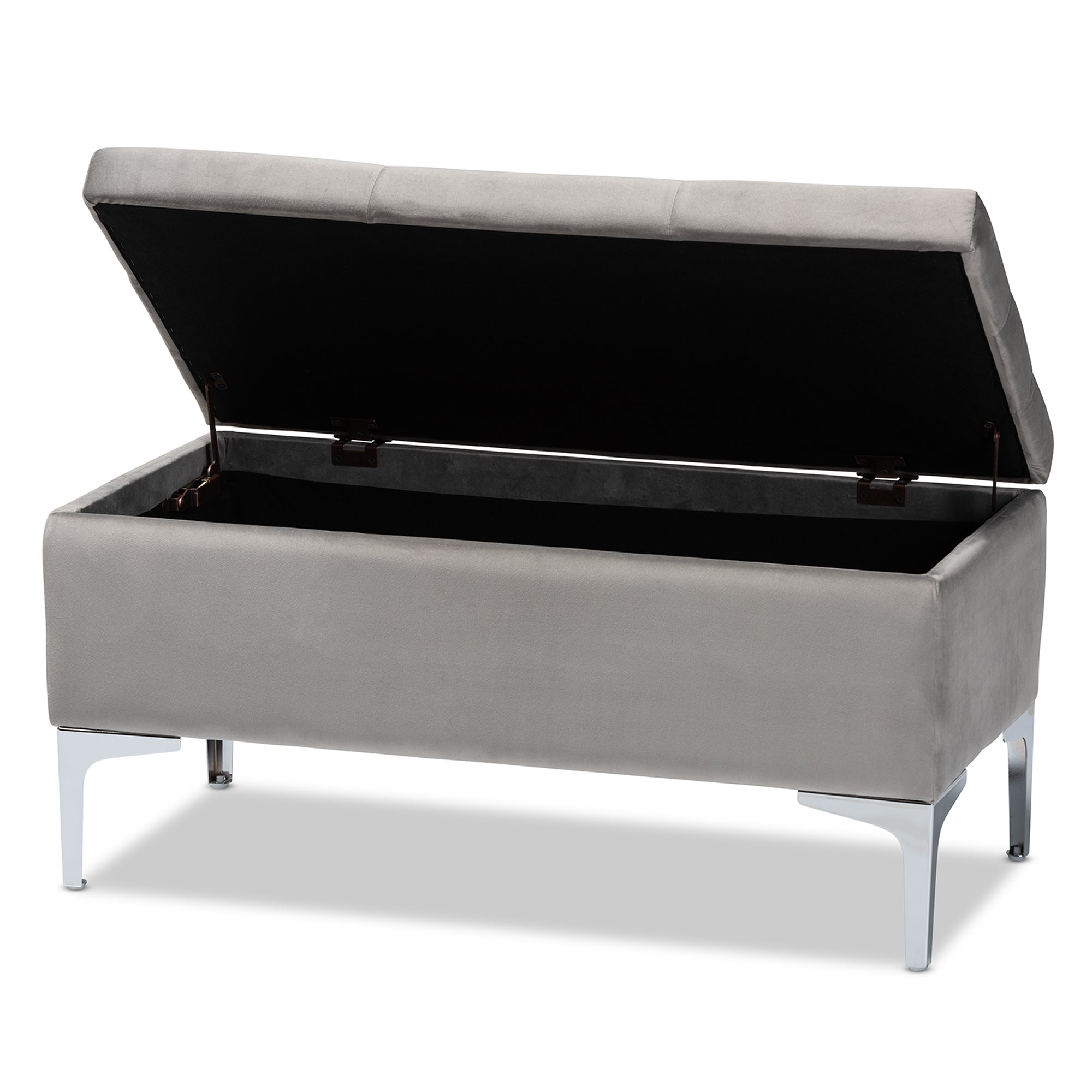 Baxton Studio Mabel Modern and Contemporary Transitional Grey Velvet Fabric Upholstered Silver Finished Storage Ottoman