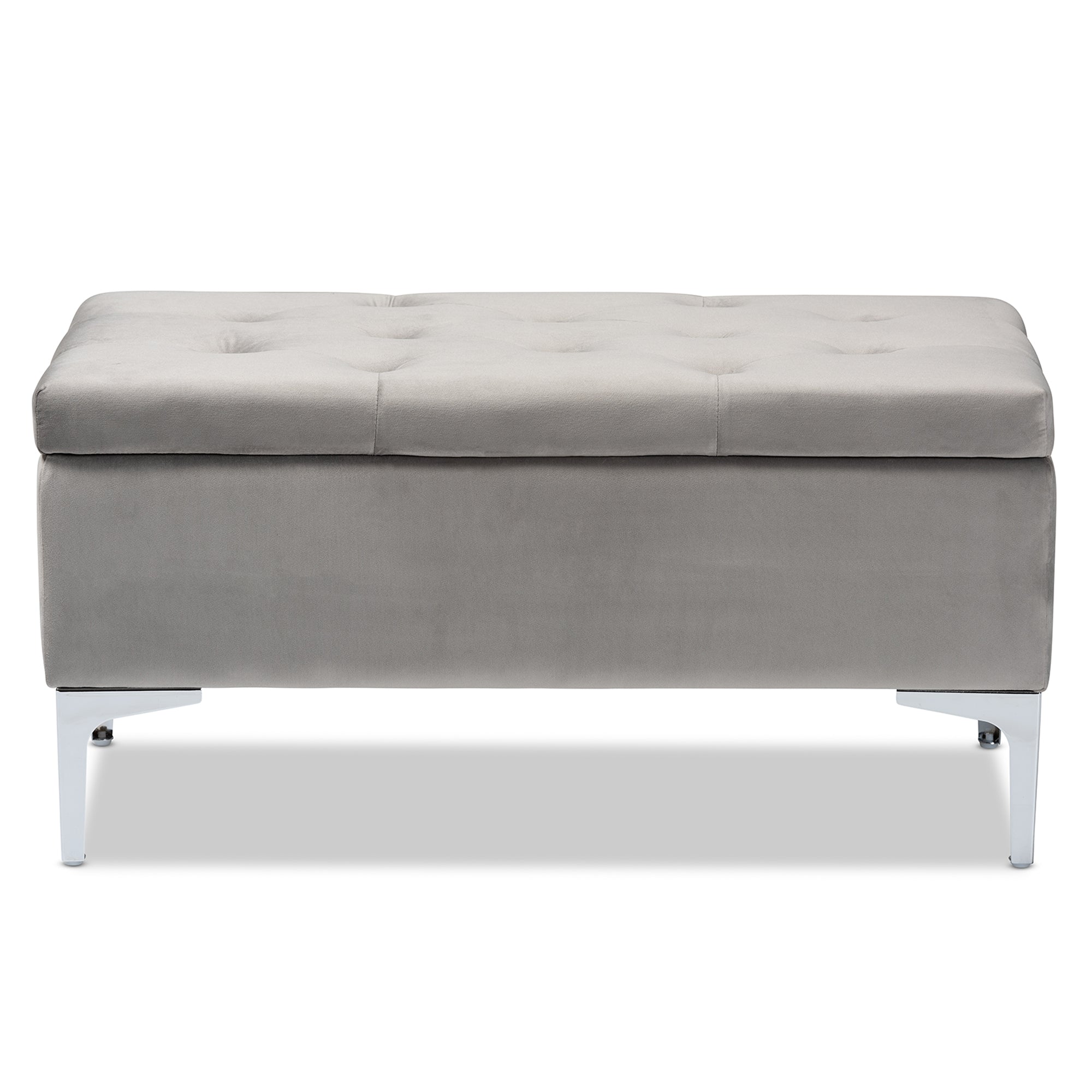 Baxton Studio Mabel Modern and Contemporary Transitional Grey Velvet Fabric Upholstered Silver Finished Storage Ottoman