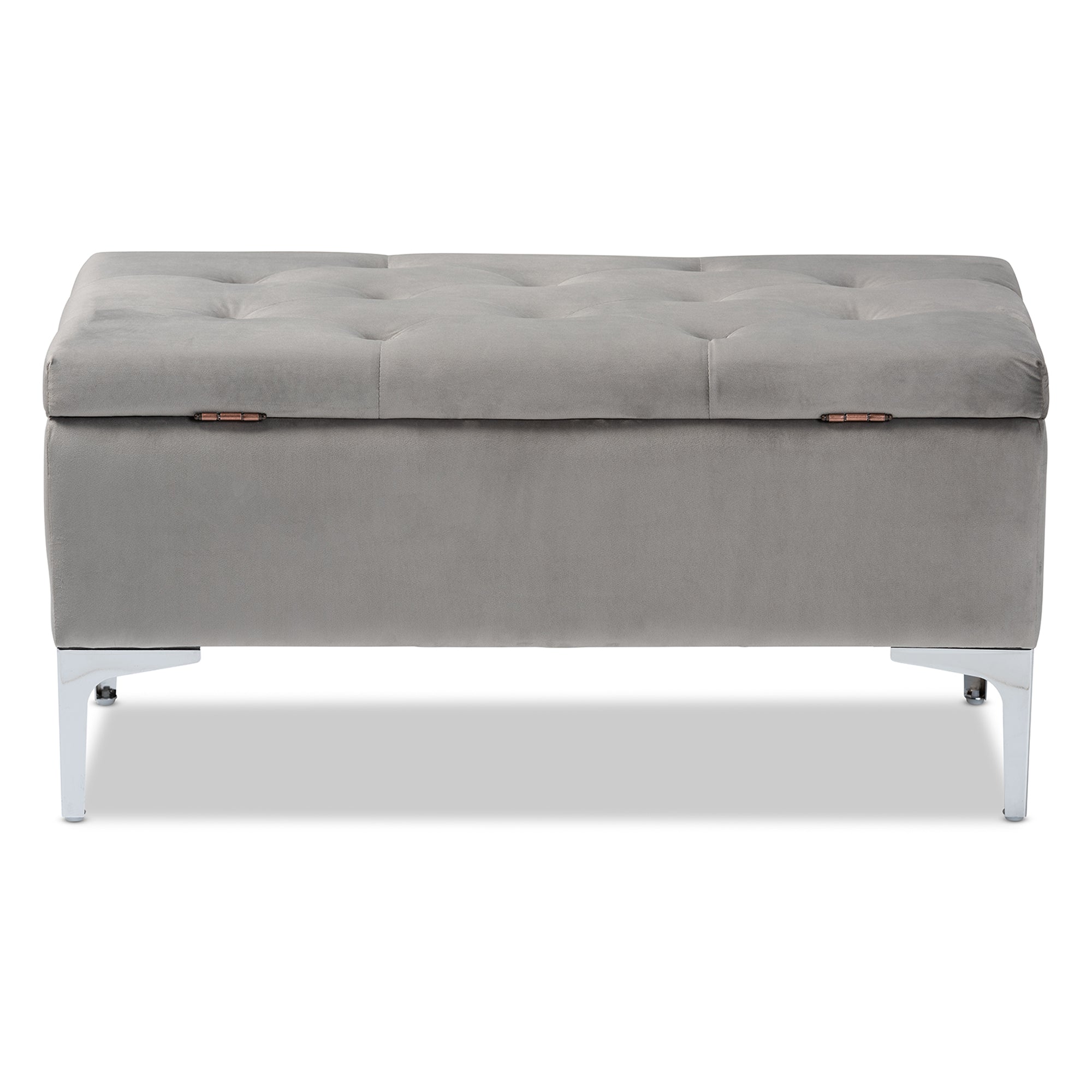 Baxton Studio Mabel Modern and Contemporary Transitional Grey Velvet Fabric Upholstered Silver Finished Storage Ottoman