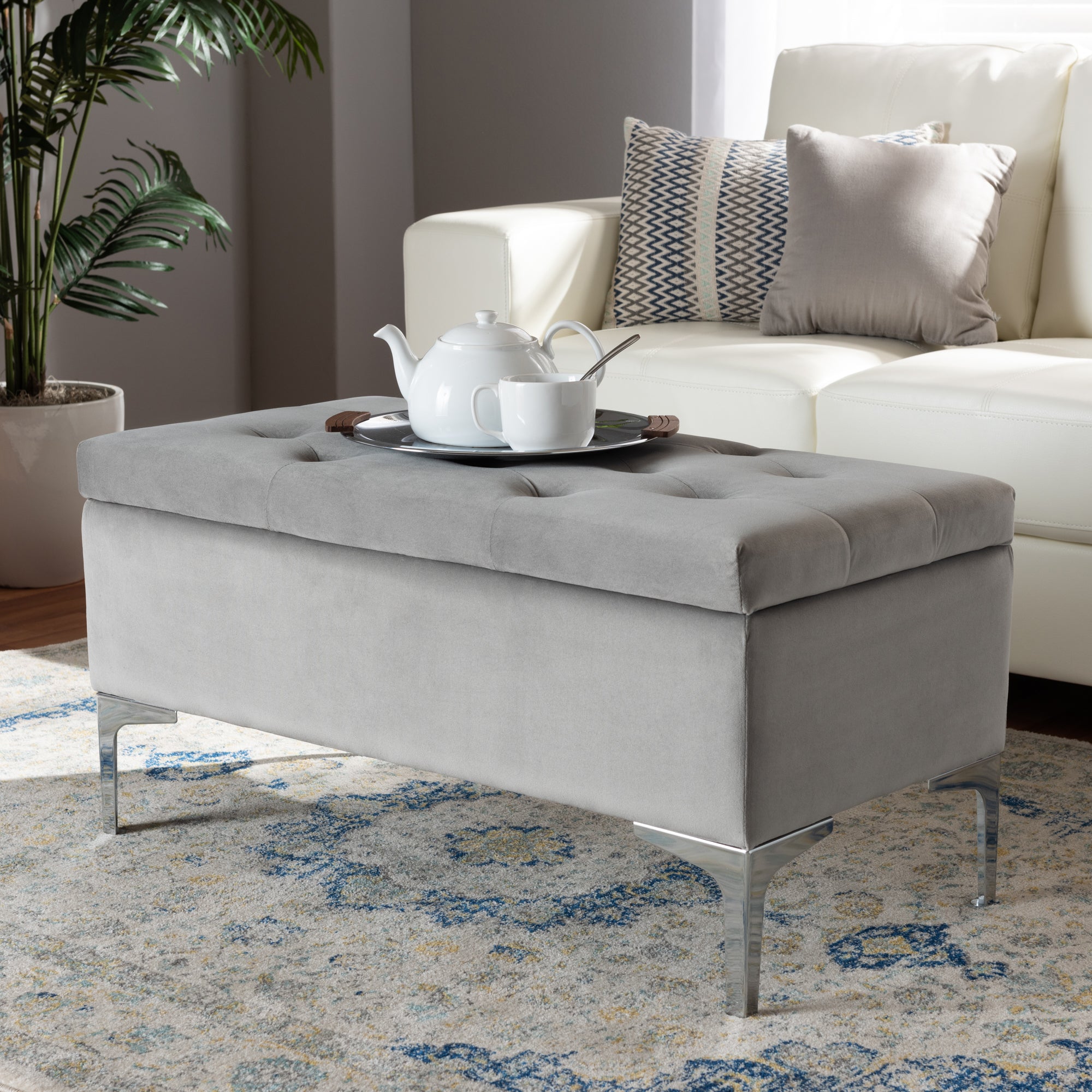 Baxton Studio Mabel Modern and Contemporary Transitional Grey Velvet Fabric Upholstered Silver Finished Storage Ottoman