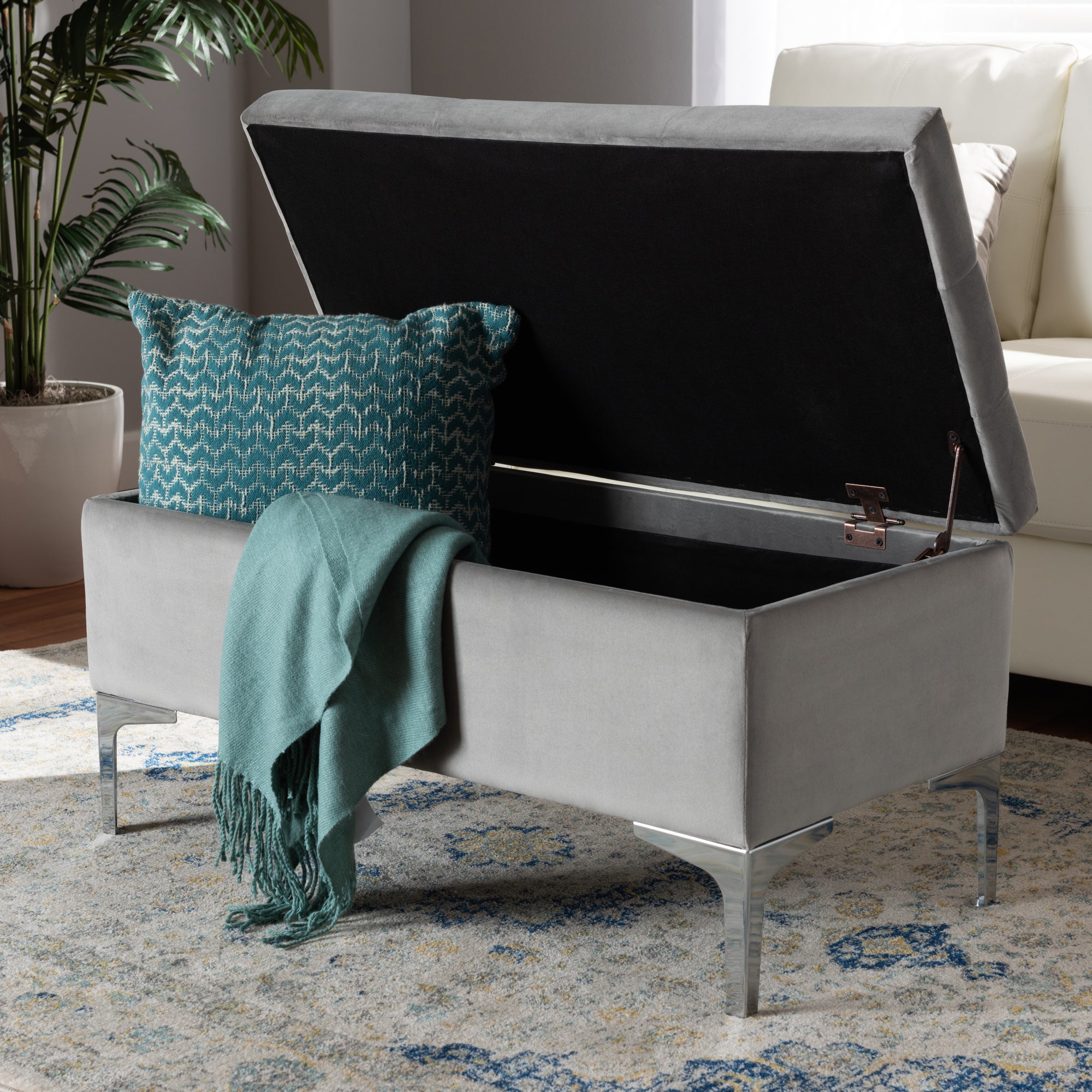 Baxton Studio Mabel Modern and Contemporary Transitional Grey Velvet Fabric Upholstered Silver Finished Storage Ottoman