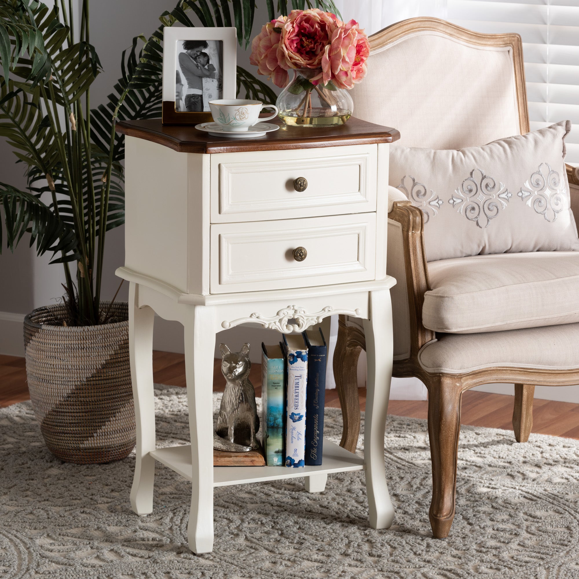 Baxton Studio Darla Classic and Traditional French White and Cherry Brown Finished Wood 2-Drawer End Table