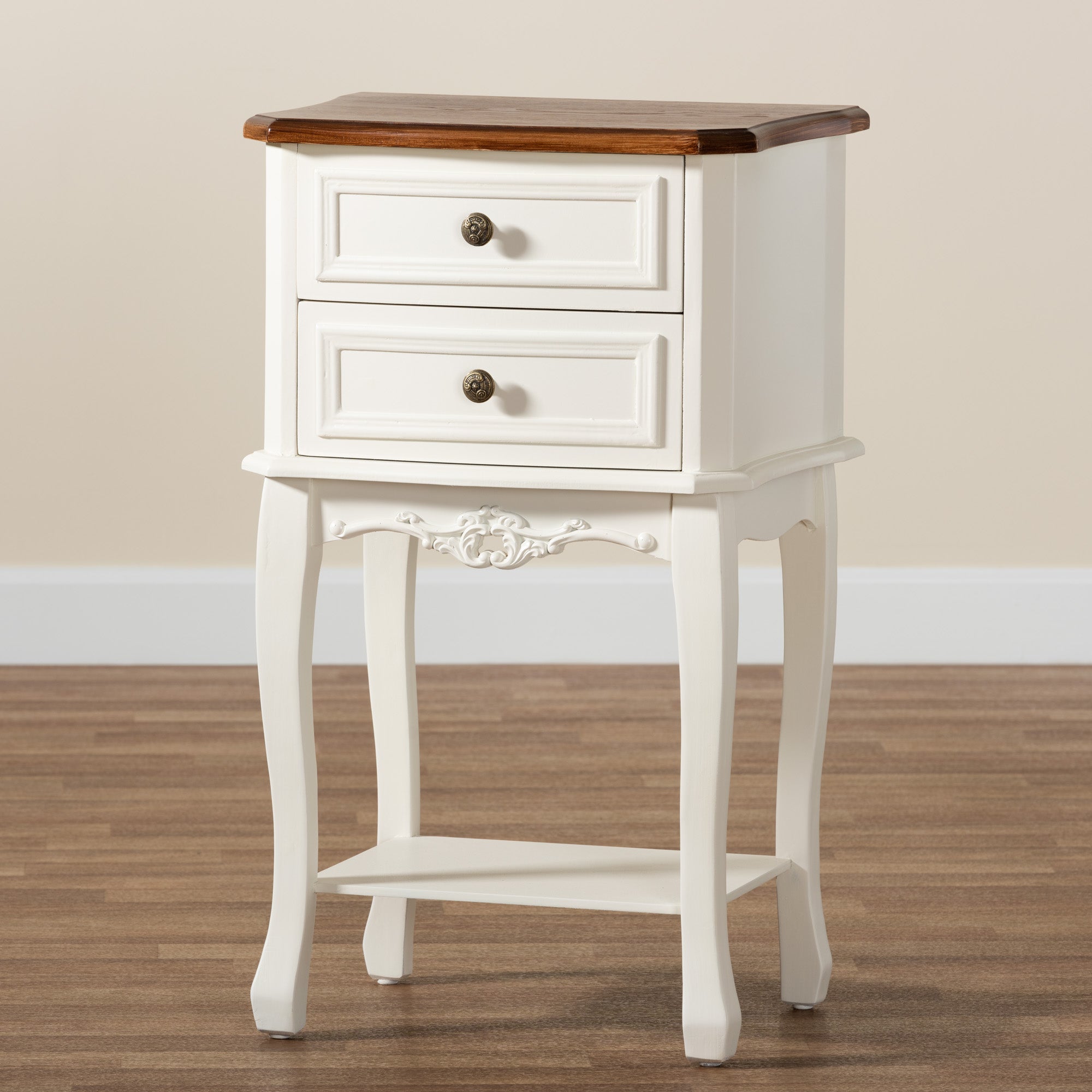 Baxton Studio Darla Classic and Traditional French White and Cherry Brown Finished Wood 2-Drawer End Table