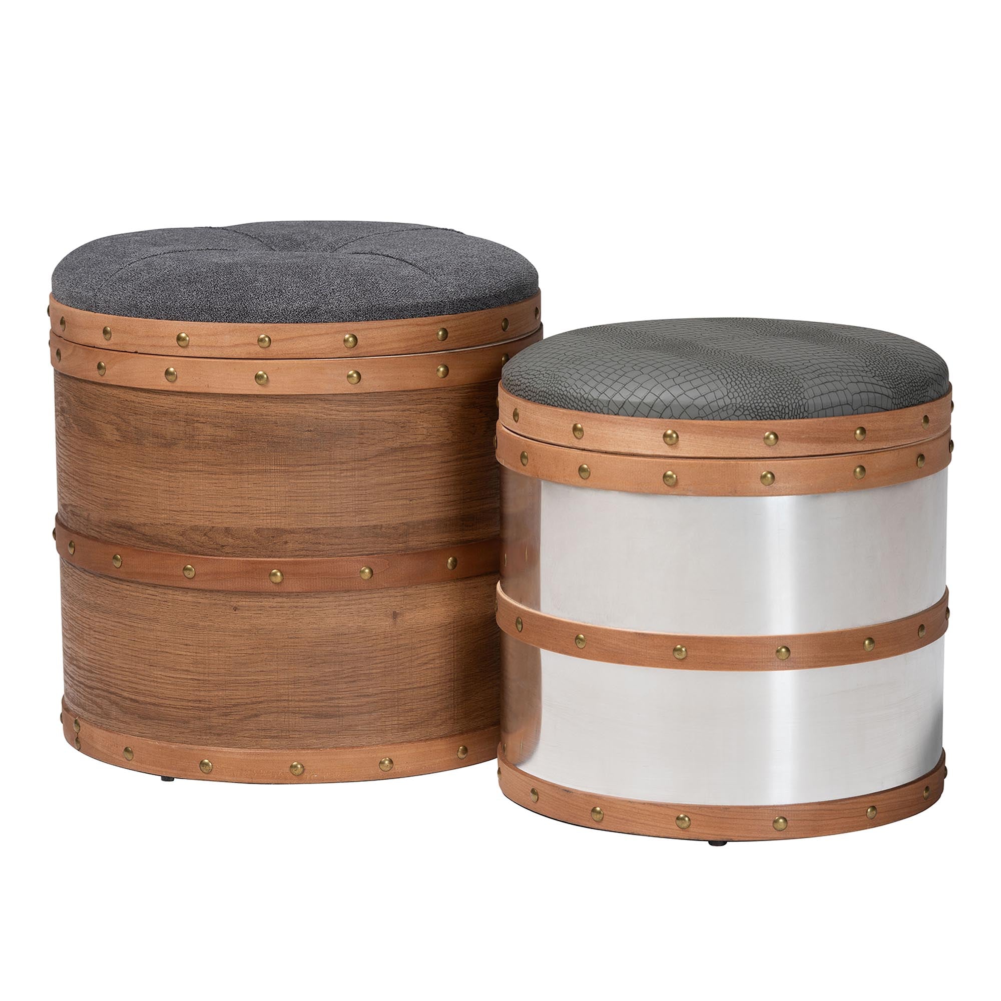 Baxton Studio Caleb Modern Grey Fabric and Alligator Faux Leather 2-Piece Storage Ottoman Set