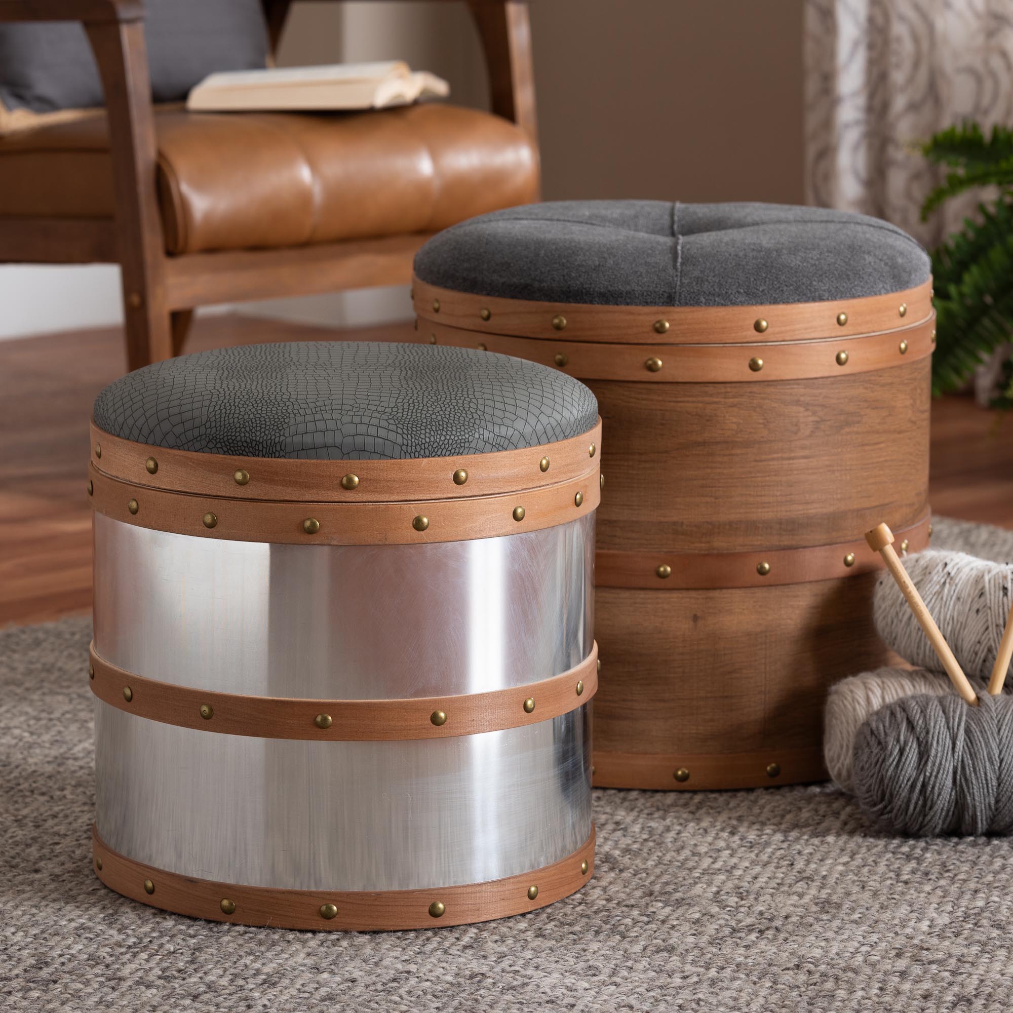 Baxton Studio Caleb Modern Grey Fabric and Alligator Faux Leather 2-Piece Storage Ottoman Set