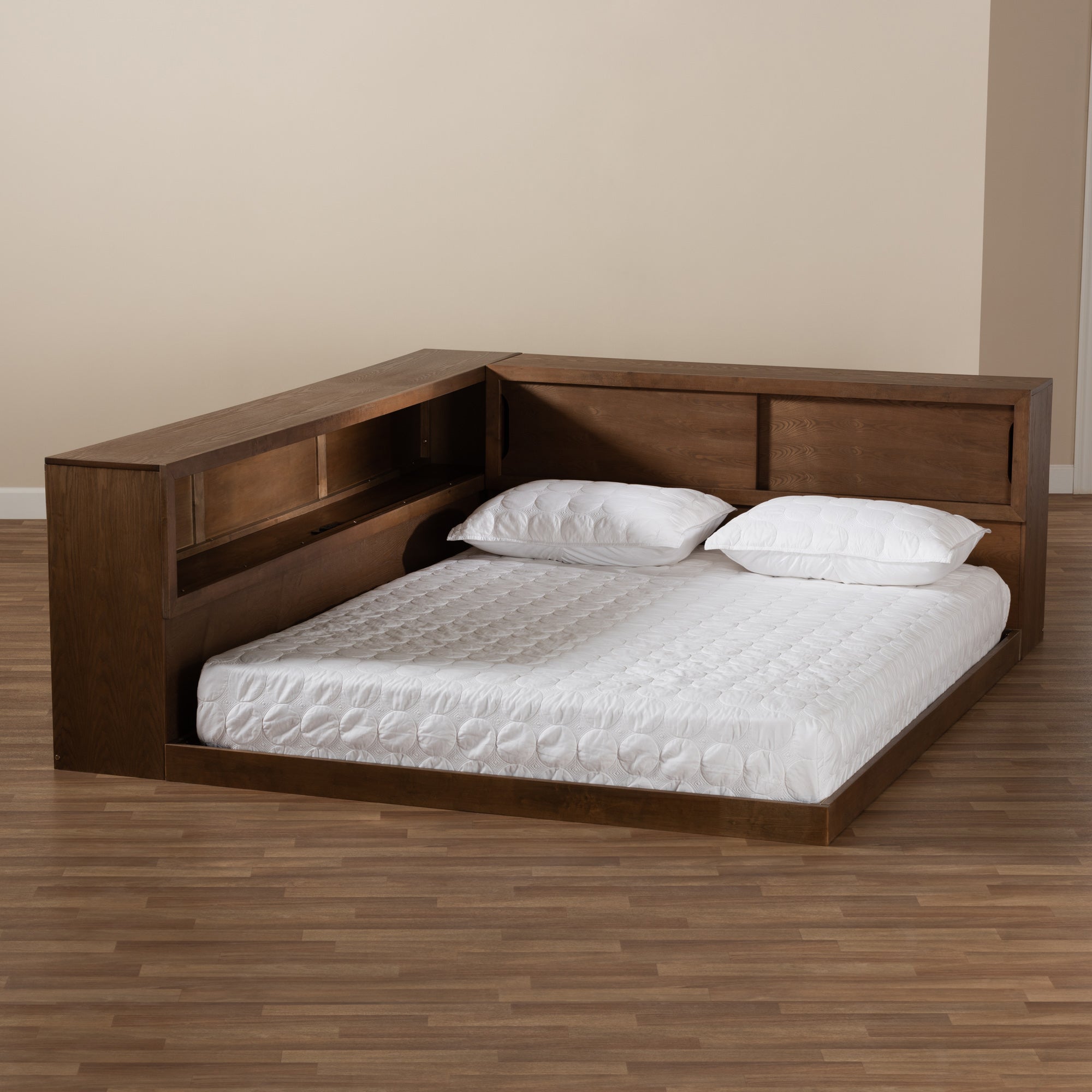 Baxton Studio Erie Modern Rustic and Transitional Walnut Brown Finished Wood Queen Size Platform Storage Bed with Built-In Outlet