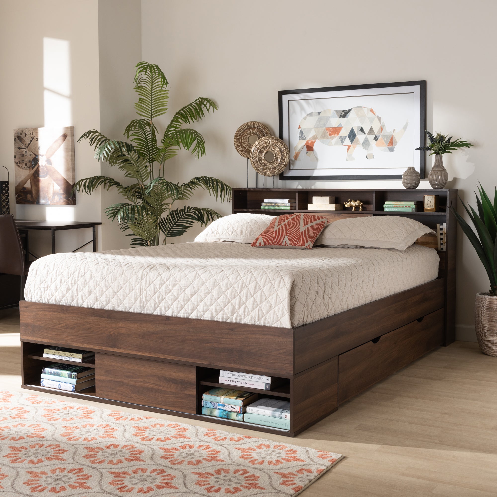 Baxton Studio Tristan Modern and Contemporary Walnut Brown Finished Wood 1-Drawer Queen Size Platform Storage Bed with Shelves