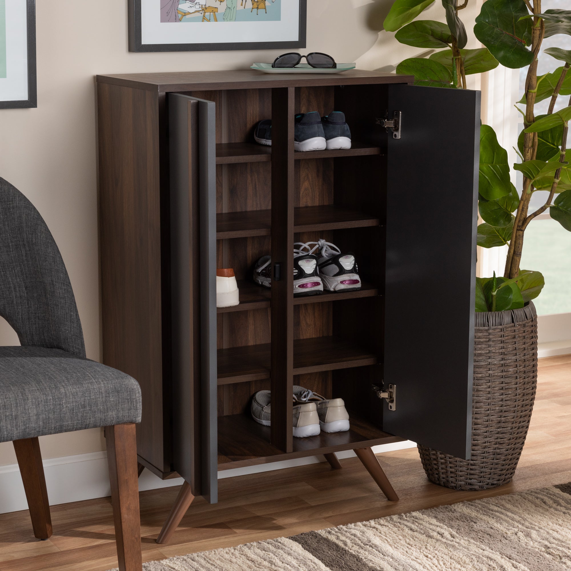 Baxton Studio Naoki Modern and Contemporary Two-Tone Grey and Walnut Finished Wood 2-Door Shoe Cabinet