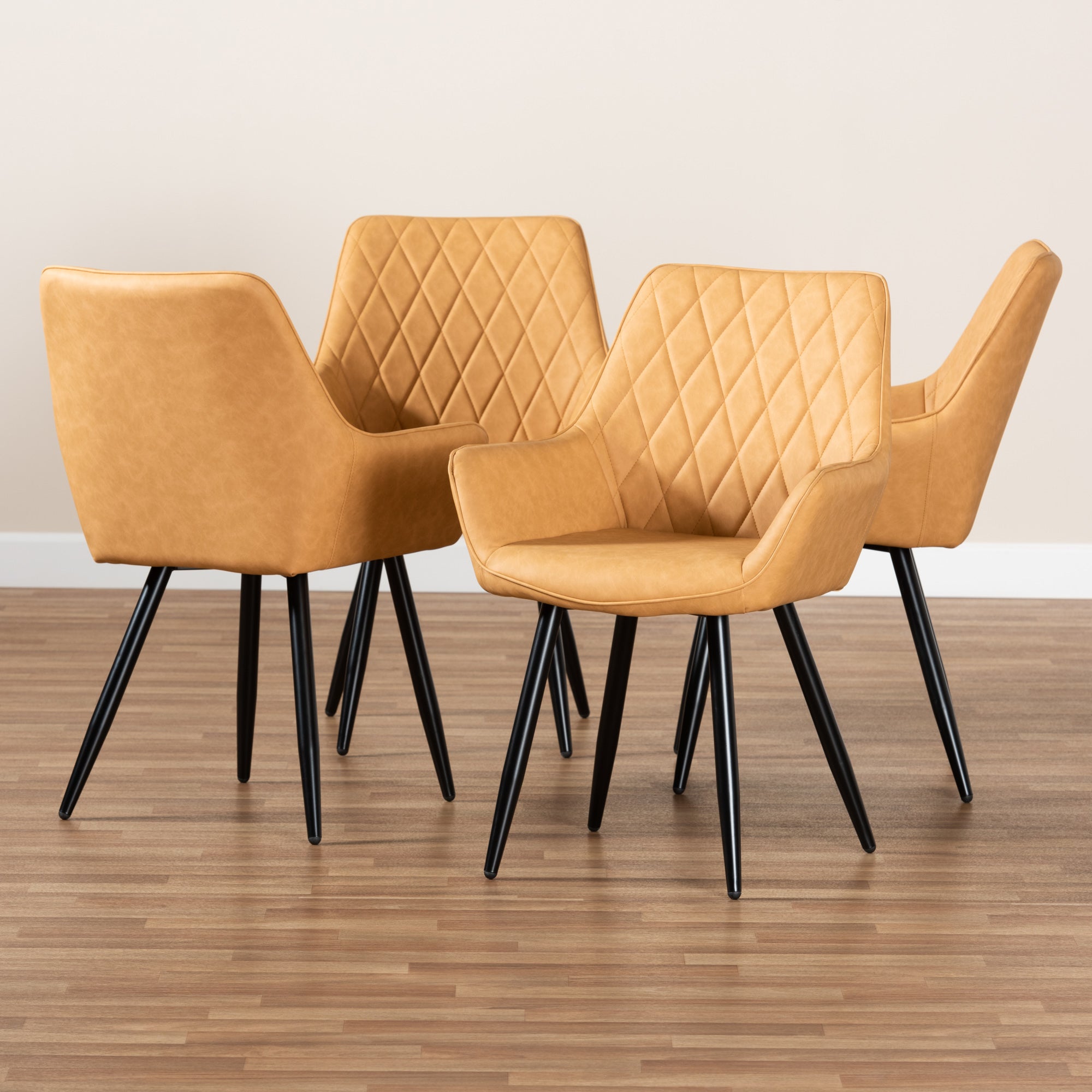 Baxton Studio Astrid Mid-Century Contemporary Tan Faux Leather Upholstered and Black Metal 4-Piece Dining Chair Set