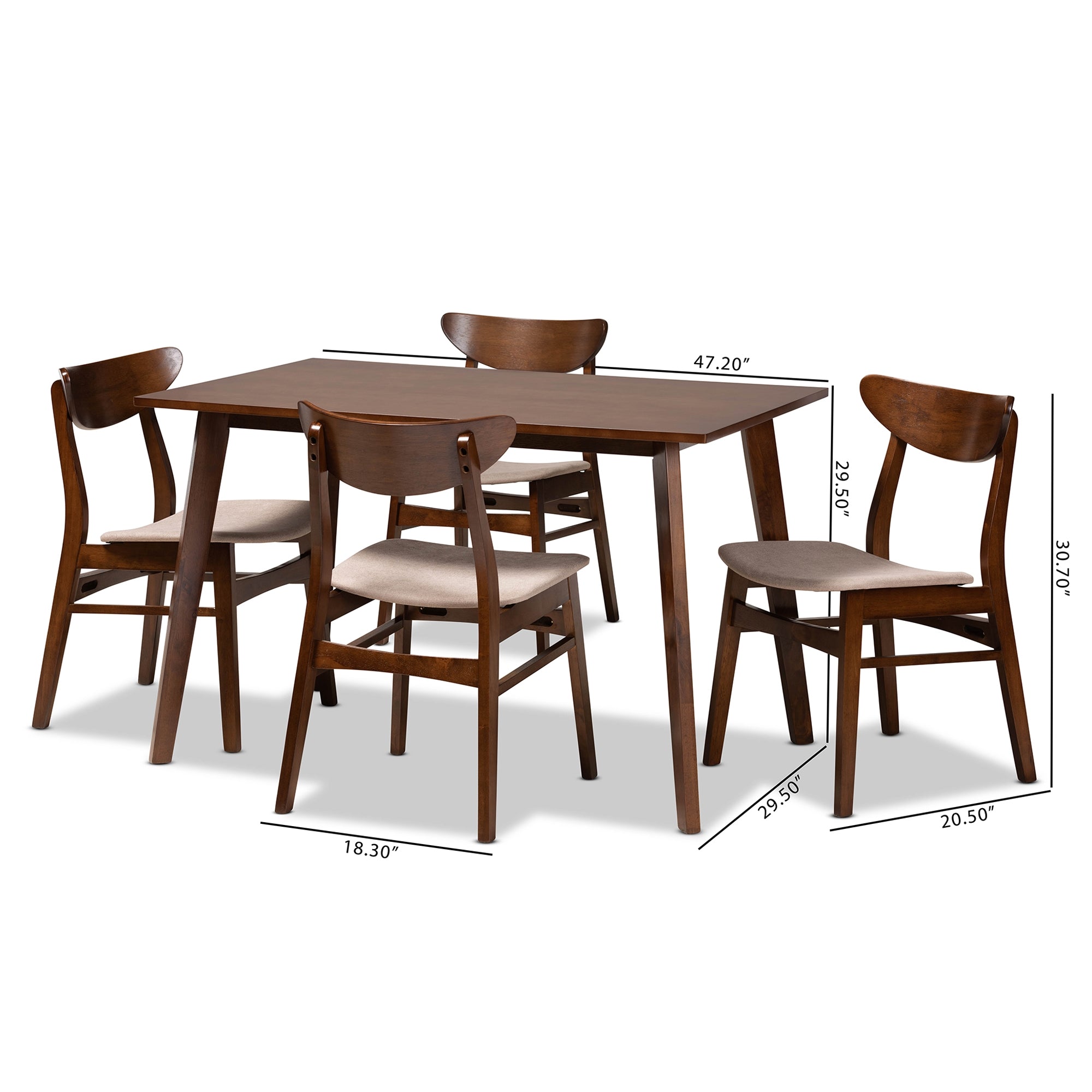 Baxton Studio Orion Mid-Century Modern Transitional Light Beige Fabric Upholstered and Walnut Brown Finished Wood 5-Piece Dining Set