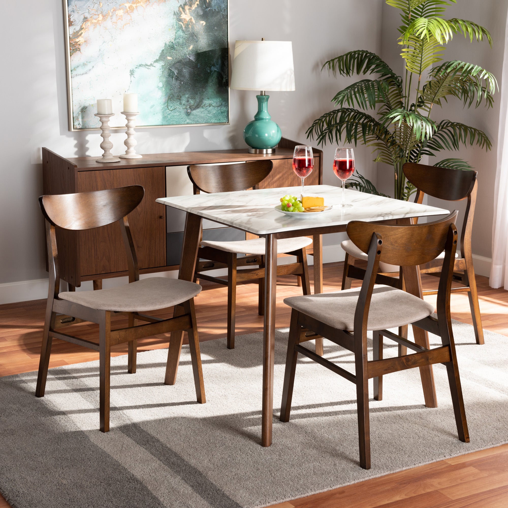 Baxton Studio Paras Mid-Century Modern Transitional Light Beige Fabric Upholstered and Walnut Brown Finished Wood 5-Piece Dining Set with Faux Marble Dining Table