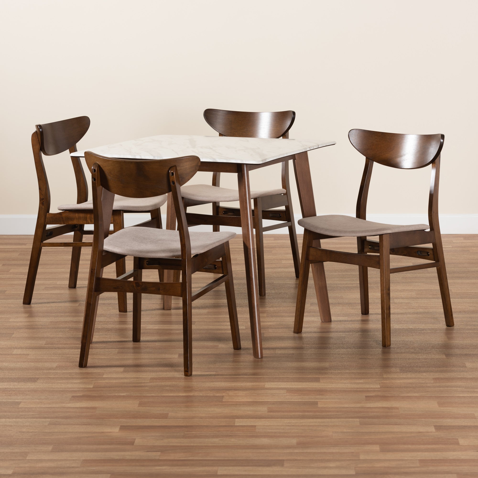 Baxton Studio Paras Mid-Century Modern Transitional Light Beige Fabric Upholstered and Walnut Brown Finished Wood 5-Piece Dining Set with Faux Marble Dining Table
