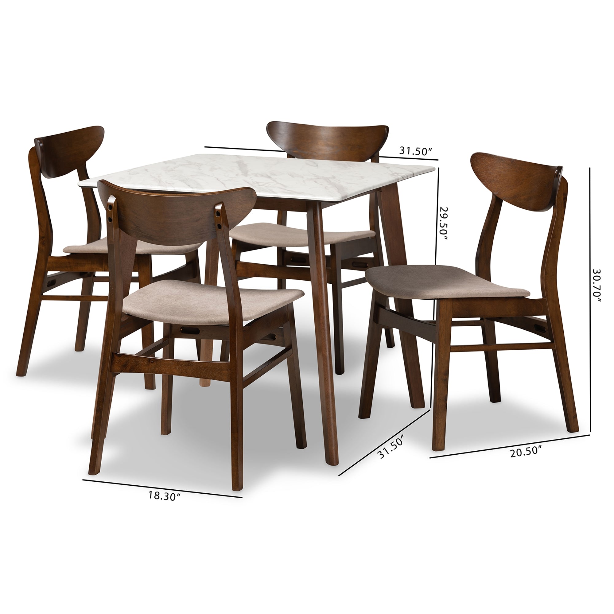 Baxton Studio Paras Mid-Century Modern Transitional Light Beige Fabric Upholstered and Walnut Brown Finished Wood 5-Piece Dining Set with Faux Marble Dining Table