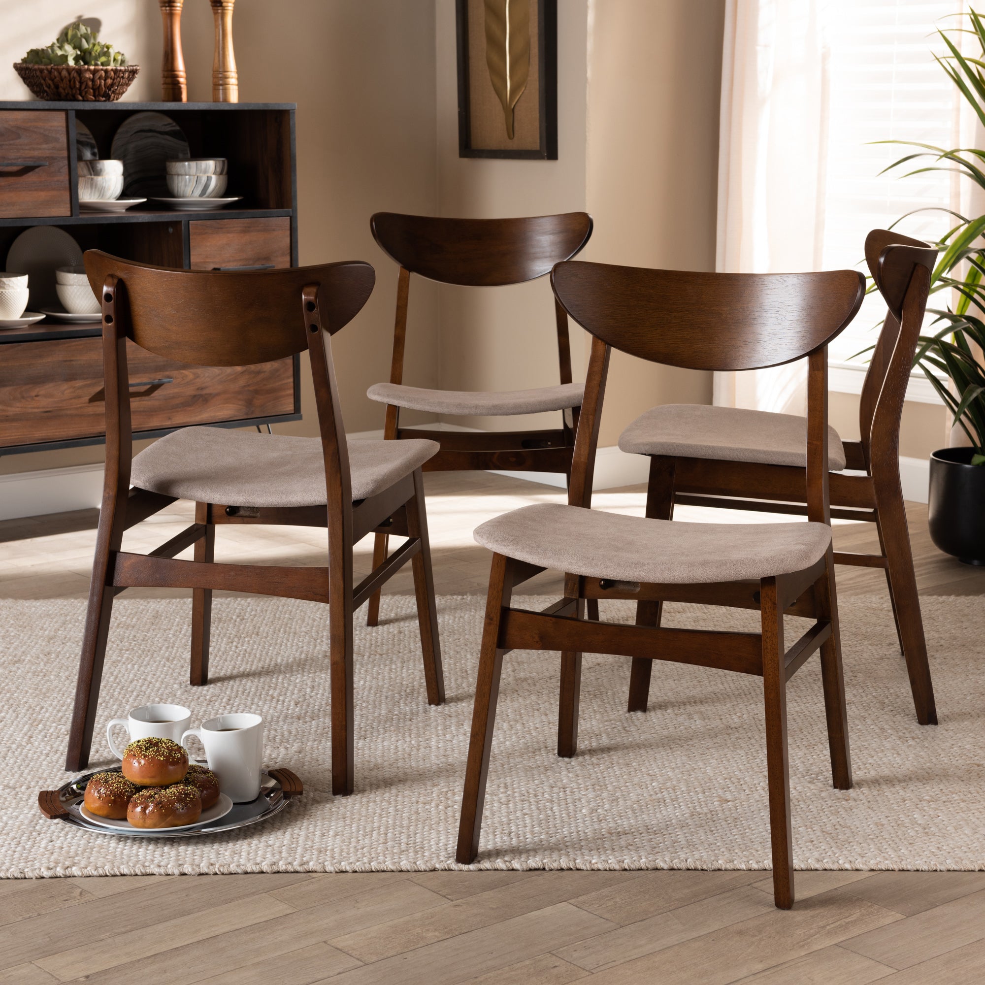 Baxton Studio Parlin Mid-Century Modern Transitional Light Beige Fabric Upholstered and Walnut Brown Finished Wood 4-Piece Dining Chair Set