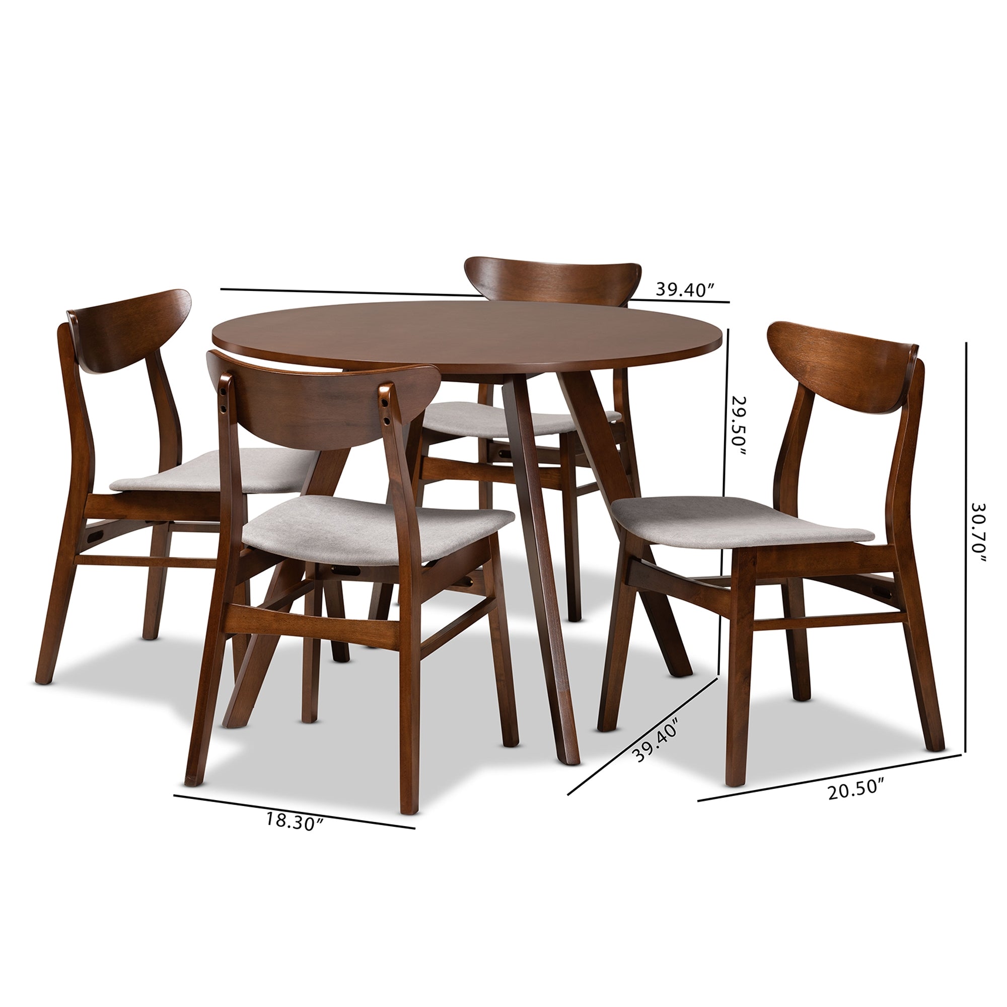 Baxton Studio Philip Mid-Century Modern Transitional Light Grey Fabric Upholstered and Walnut Brown Finished Wood 5-Piece Dining Set