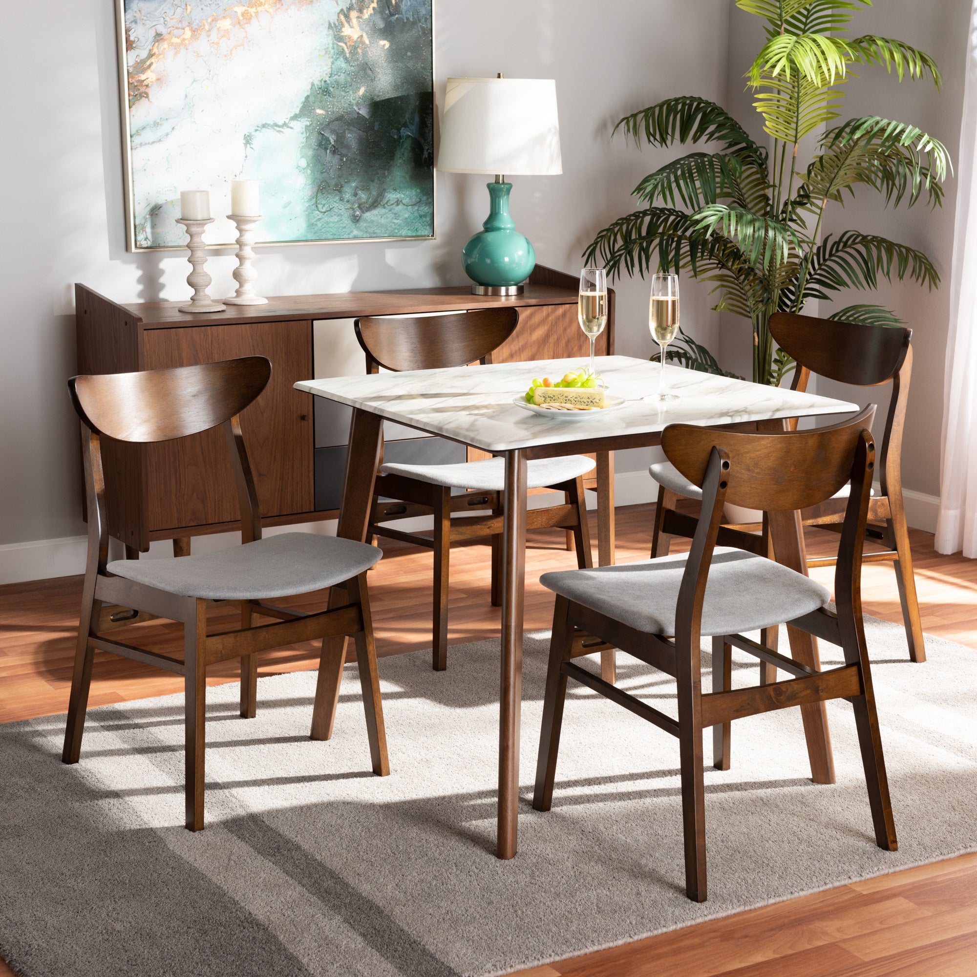 Baxton Studio Paras Mid-Century Modern Transitional Light Grey Fabric Upholstered and Walnut Brown Finished Wood 5-Piece Dining Set with Faux Marble Dining Table