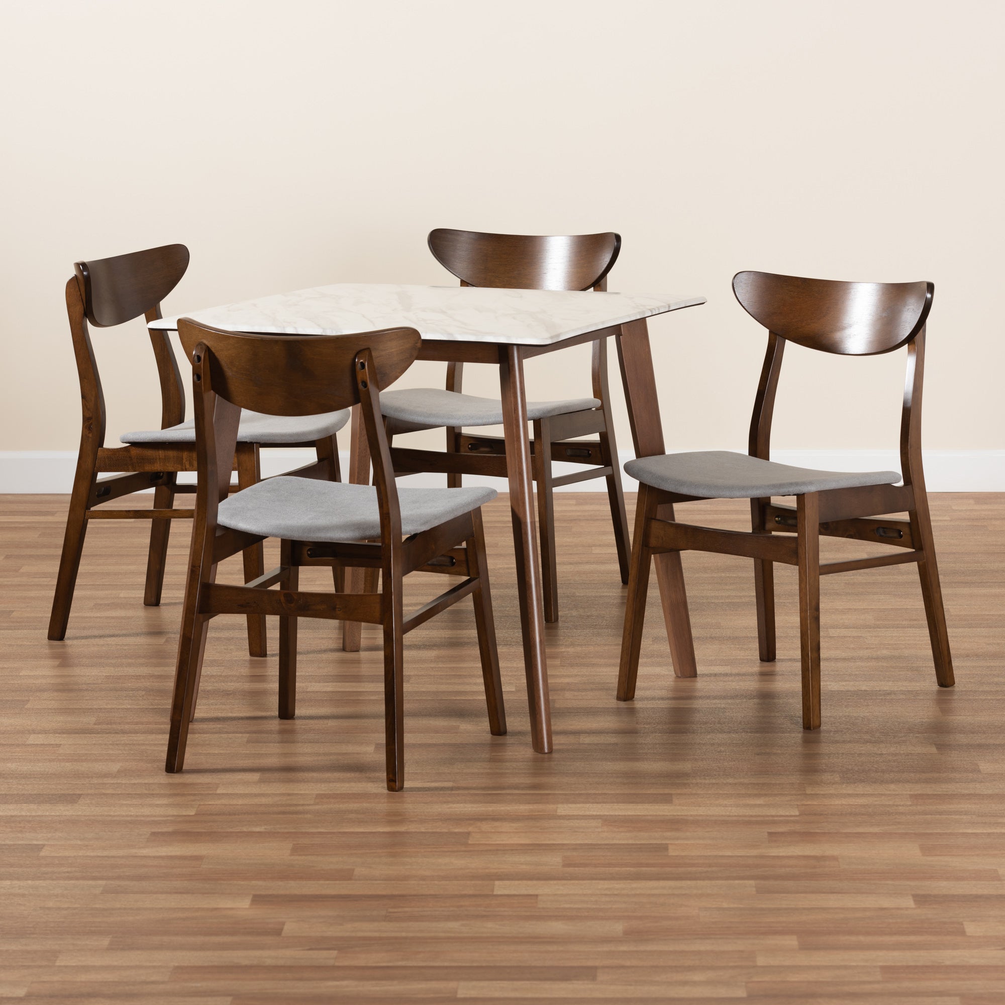 Baxton Studio Paras Mid-Century Modern Transitional Light Grey Fabric Upholstered and Walnut Brown Finished Wood 5-Piece Dining Set with Faux Marble Dining Table