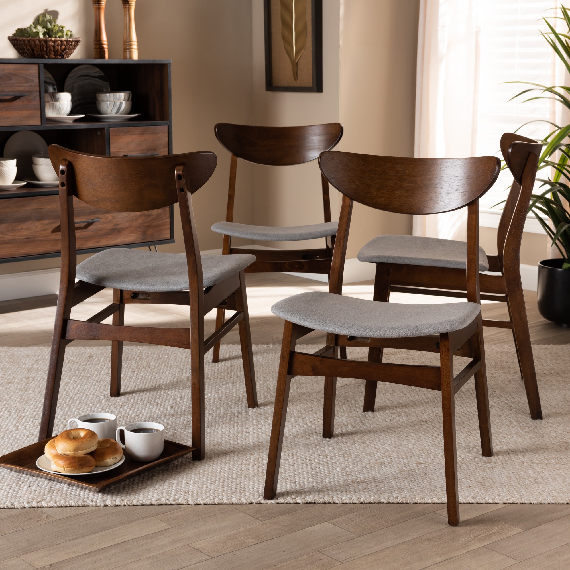 Baxton Studio Parlin Mid-Century Modern Transitional Light Grey Fabric Upholstered and Walnut Brown Finished Wood 4-Piece Dining Chair Set
