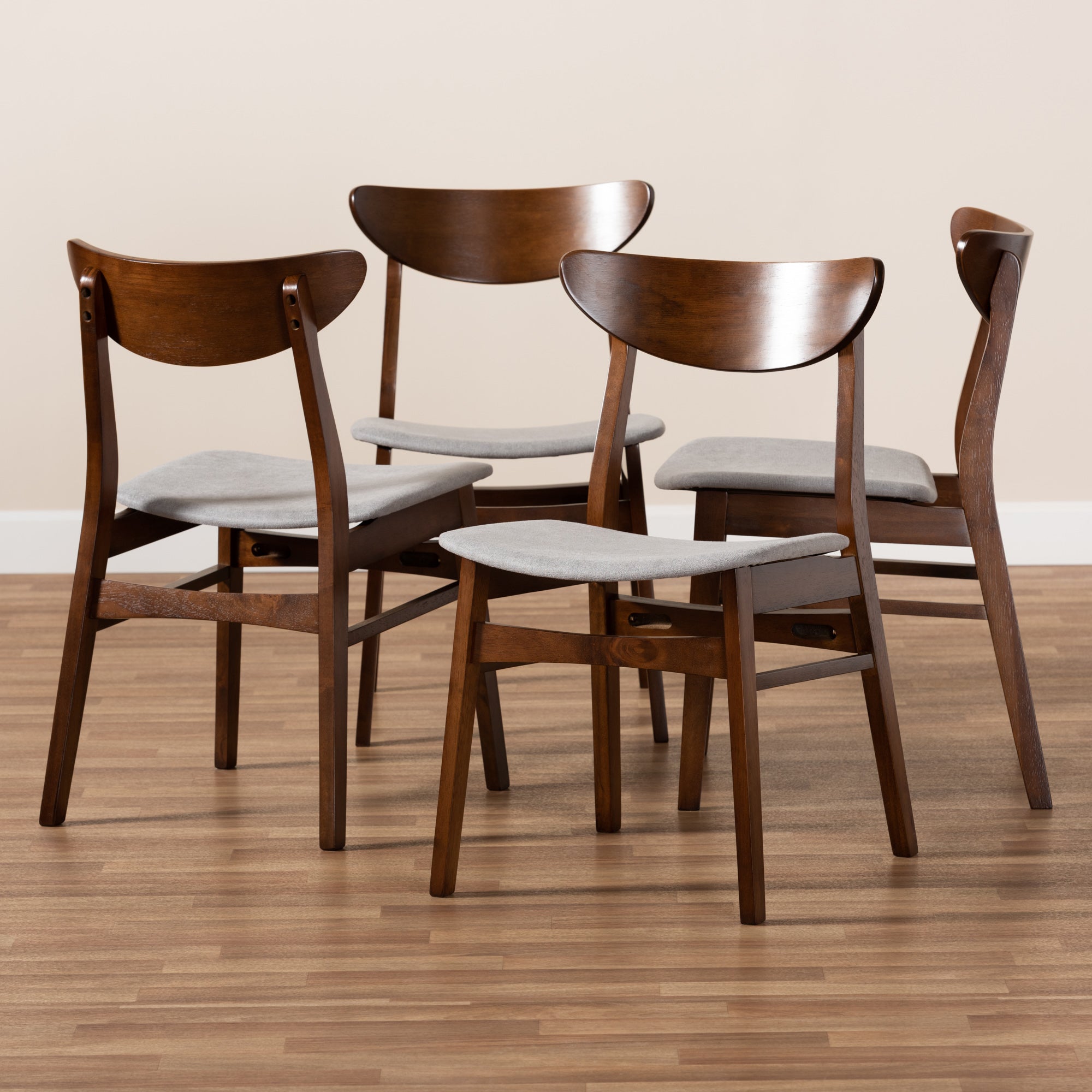 Baxton Studio Parlin Mid-Century Modern Transitional Light Grey Fabric Upholstered and Walnut Brown Finished Wood 4-Piece Dining Chair Set