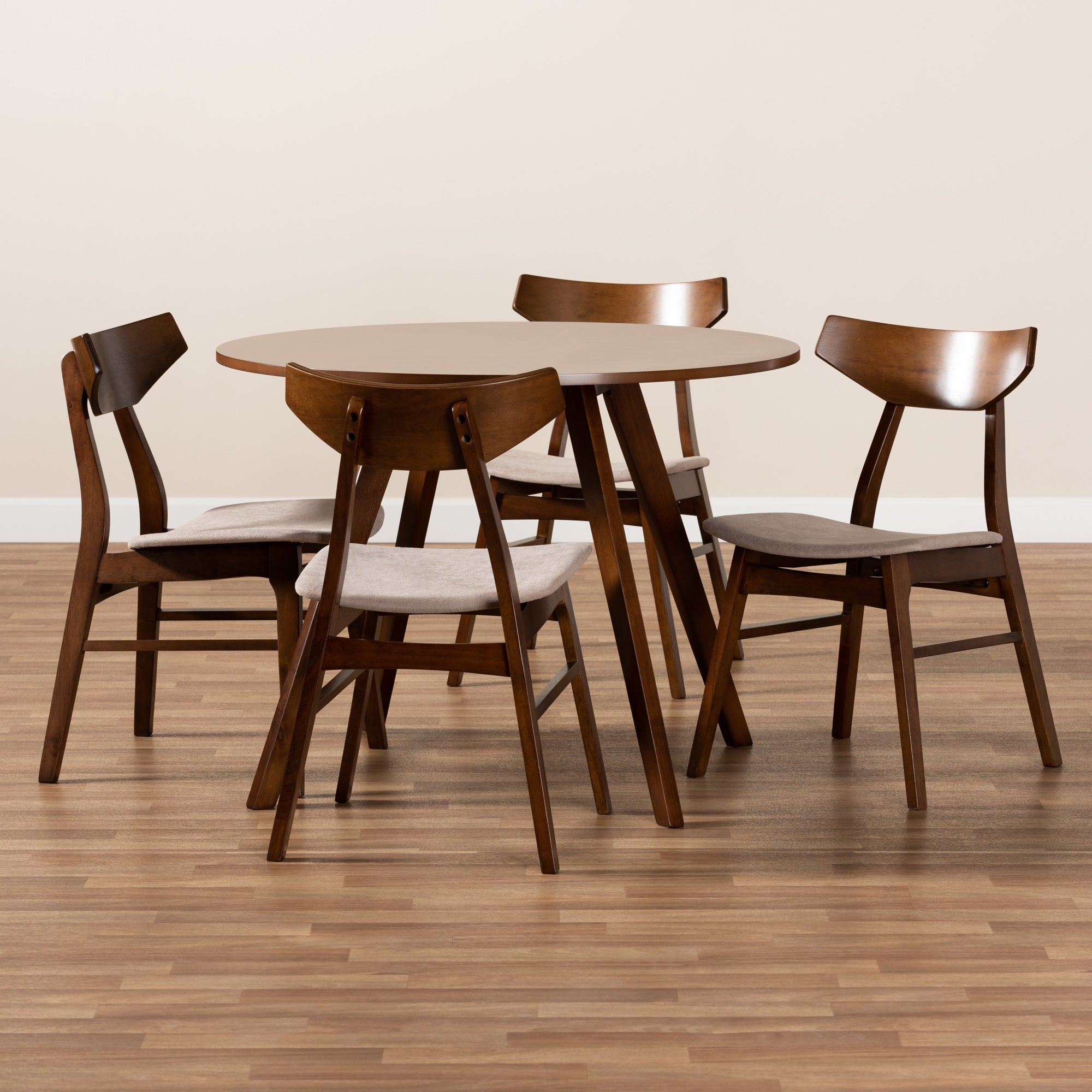 Baxton Studio Timothy Mid-Century Modern Transitional Light Beige Fabric Upholstered and Walnut Brown Finished Wood 5-Piece Dining Set