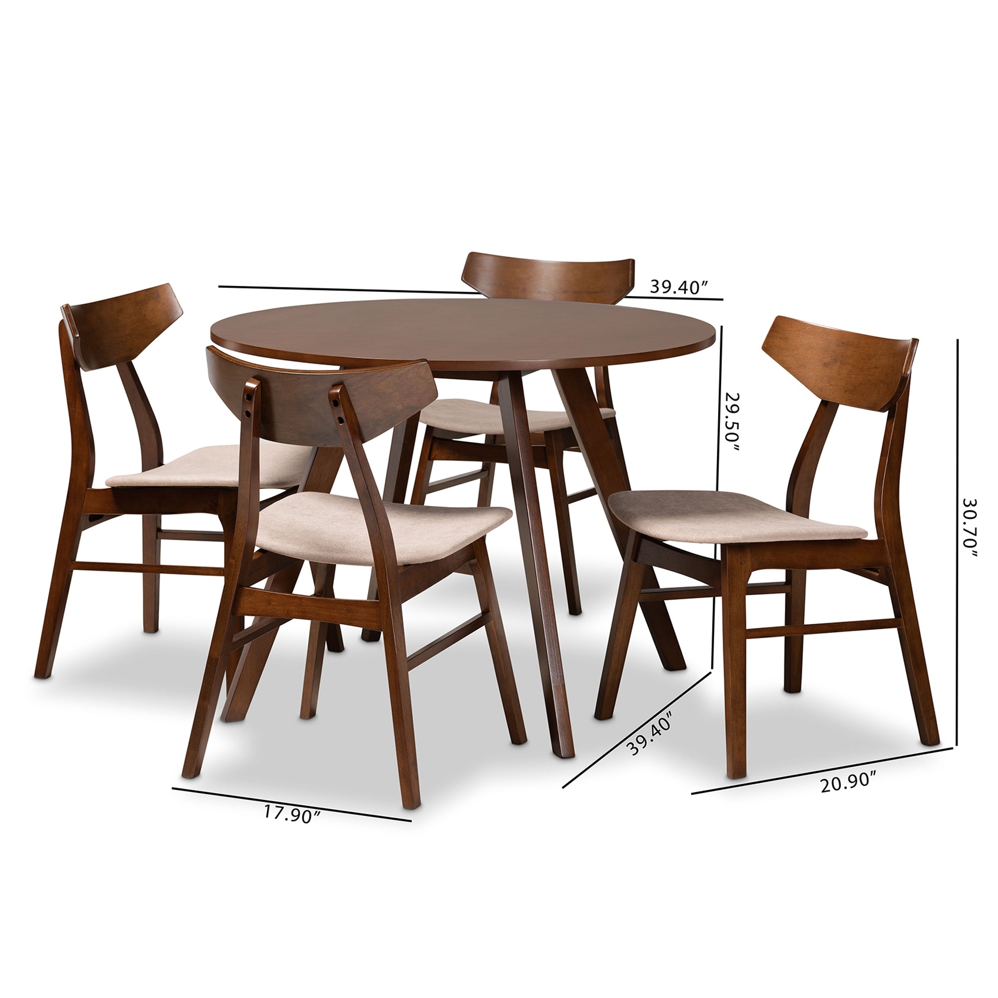 Baxton Studio Timothy Mid-Century Modern Transitional Light Beige Fabric Upholstered and Walnut Brown Finished Wood 5-Piece Dining Set