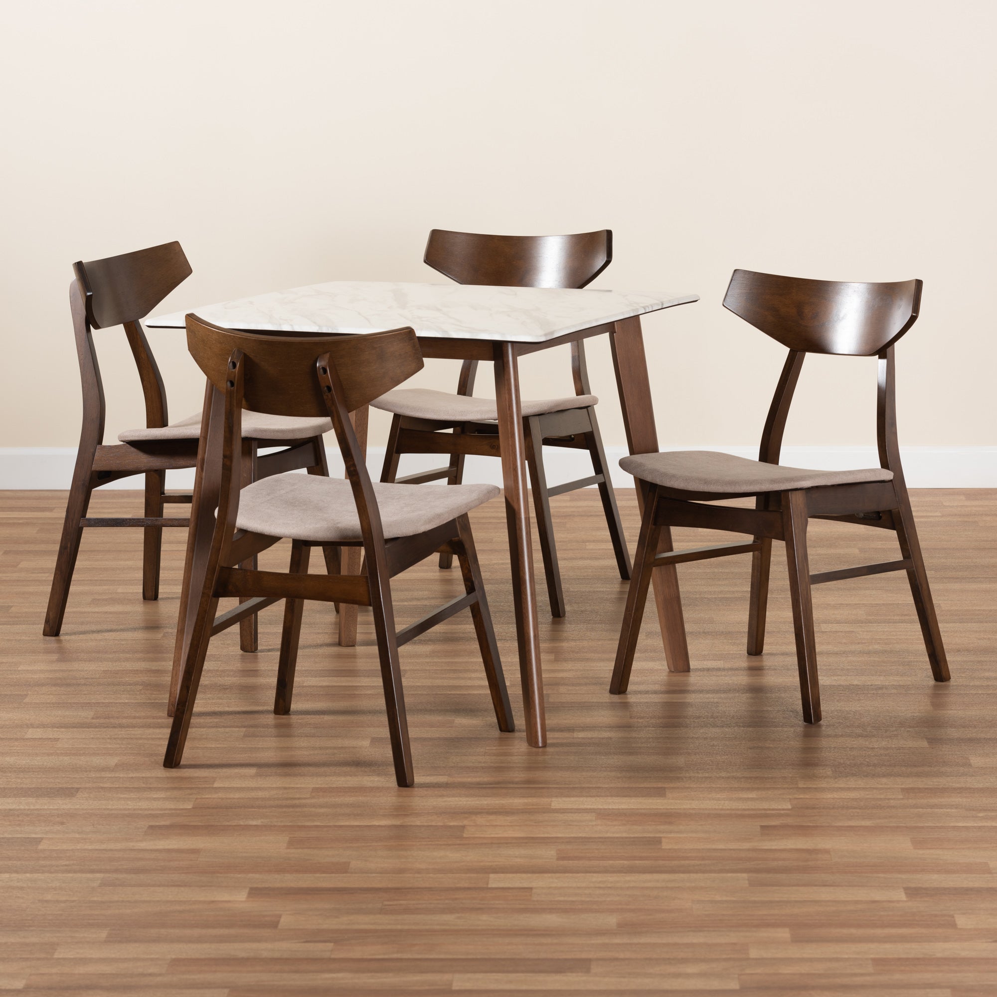 Baxton Studio Pearson Mid-Century Modern Transitional Light Beige Fabric Upholstered and Walnut Brown Finished Wood 5-Piece Dining Set with Faux Marble Table
