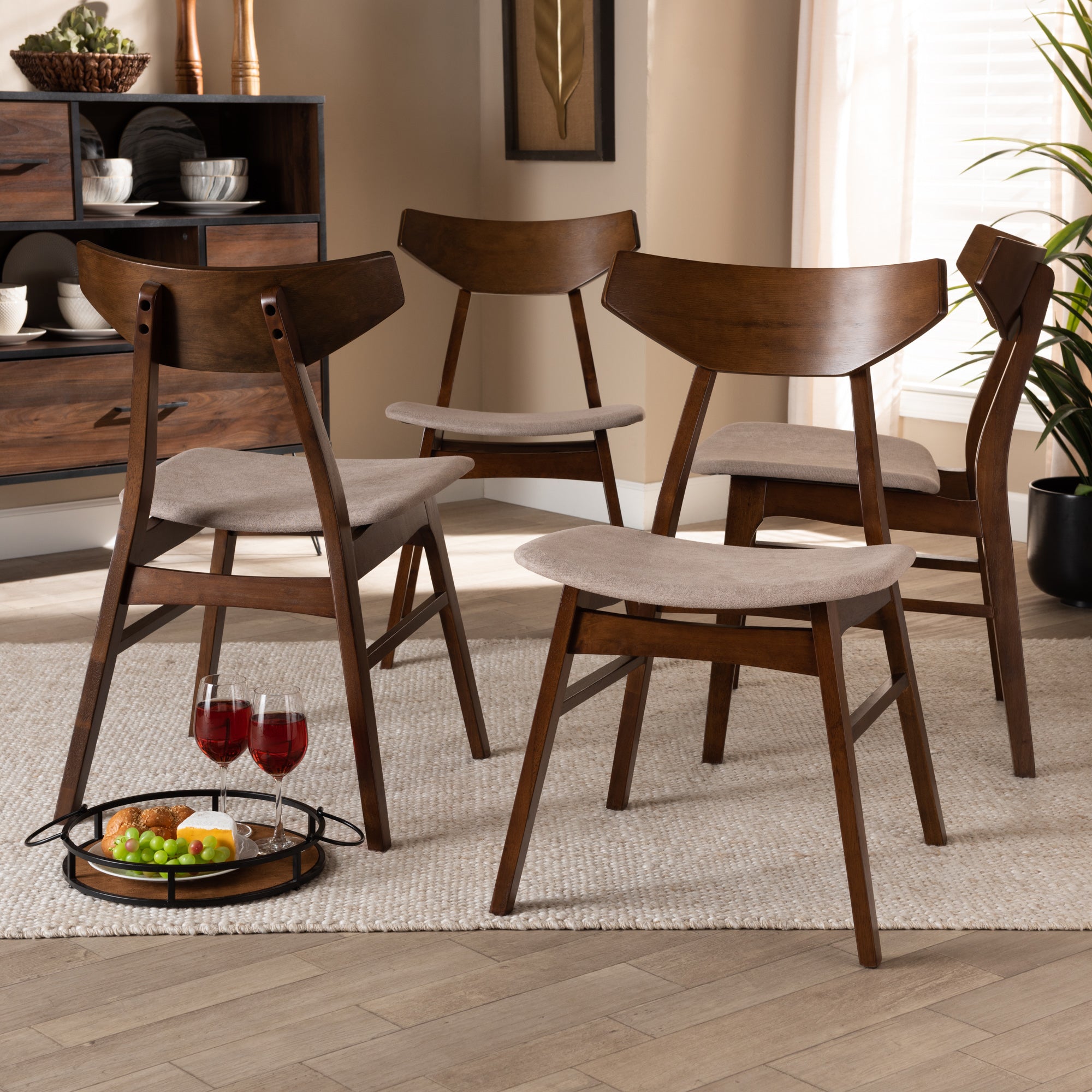 Baxton Studio Danica Mid-Century Modern Transitional Light Beige Fabric Upholstered and Walnut Brown Finished Wood 4-Piece Dining Chair Set