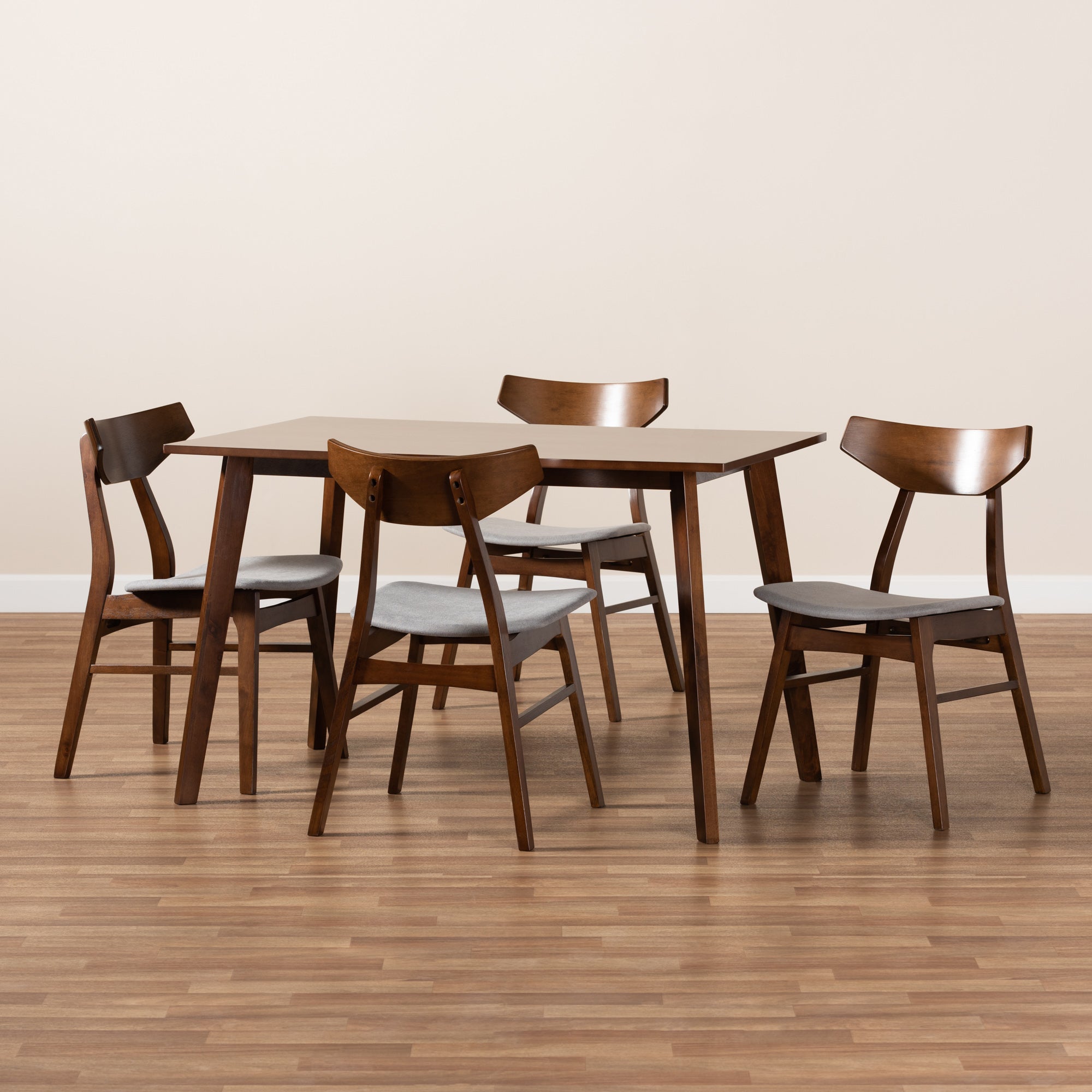 Baxton Studio Lois Mid-Century Modern Transitional Light Grey Fabric Upholstered and Walnut Brown Finished Wood 5-Piece Dining Set