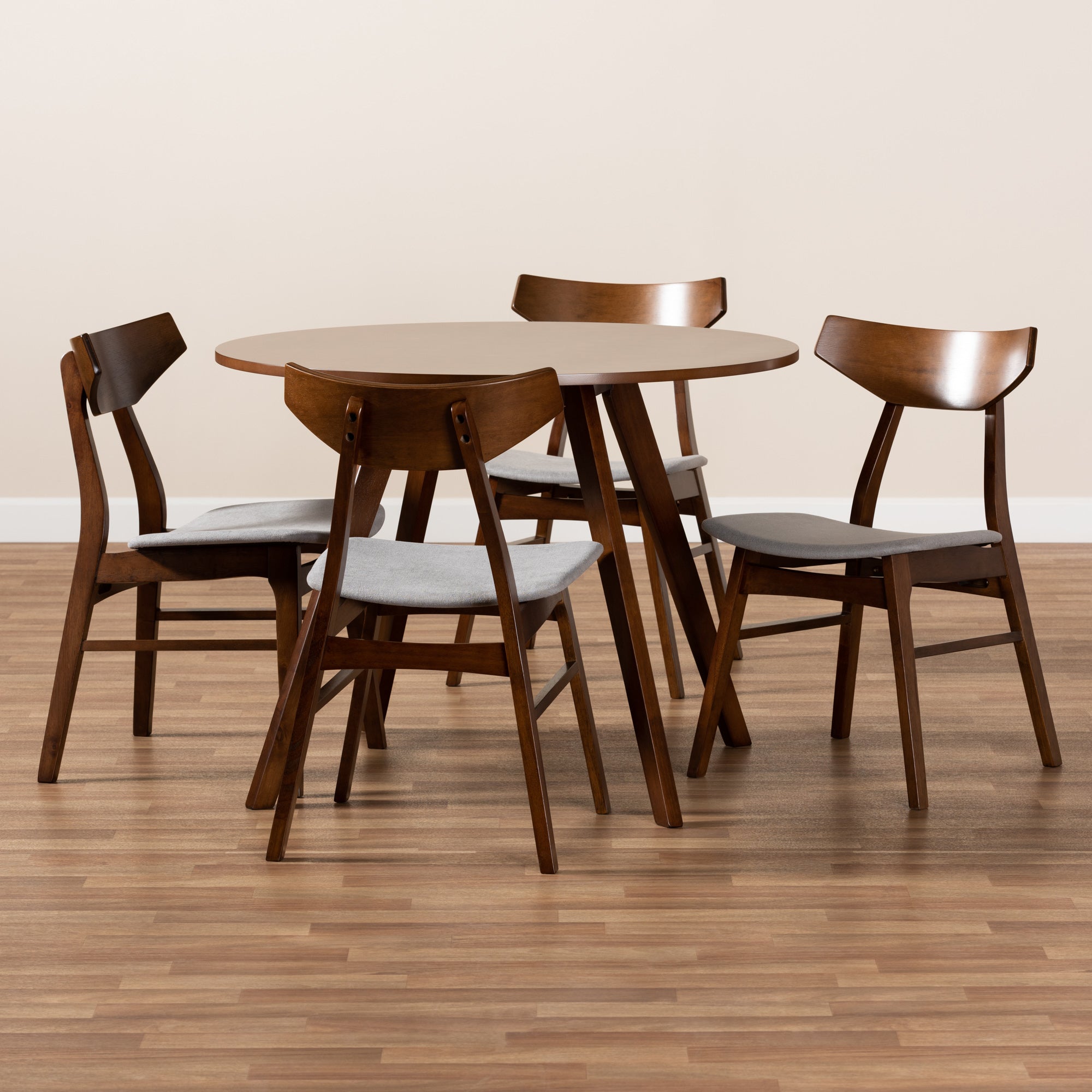 Baxton Studio Timothy Mid-Century Modern Transitional Light Grey Fabric Upholstered and Walnut Brown Finished Wood 5-Piece Dining Set