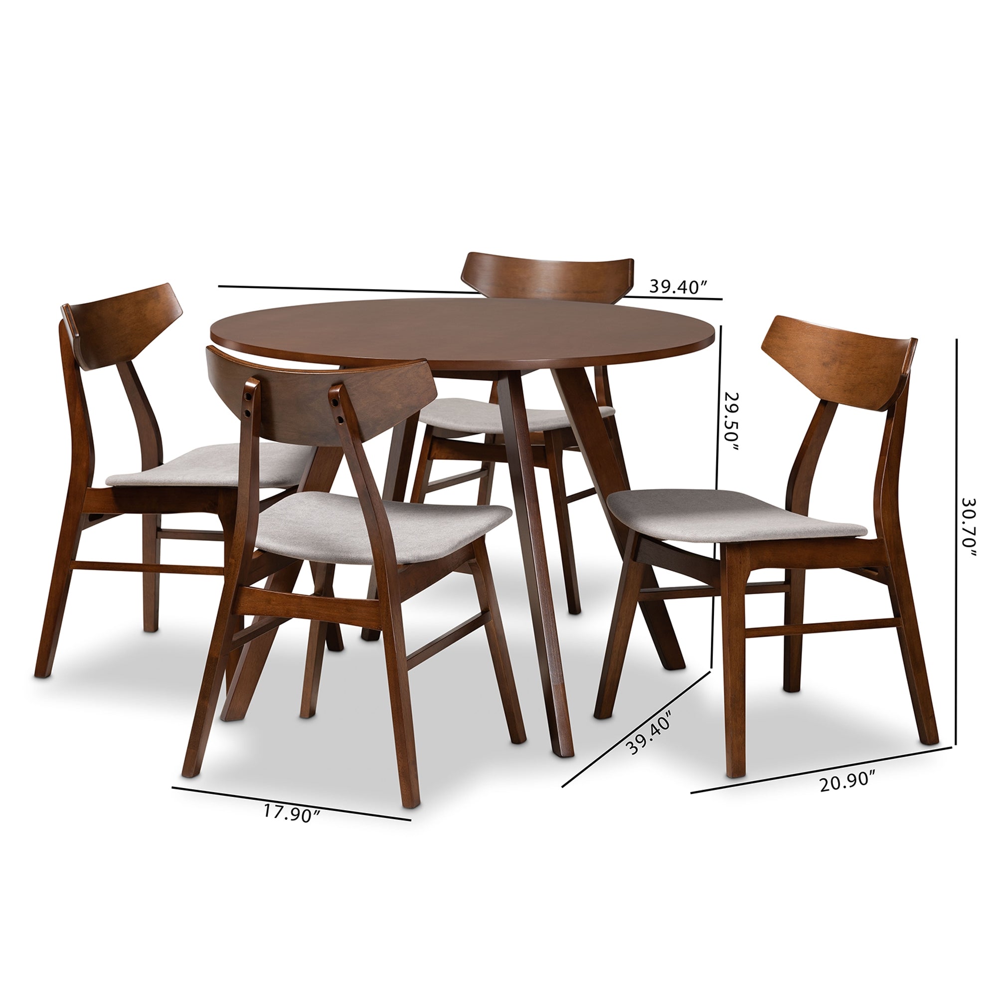 Baxton Studio Timothy Mid-Century Modern Transitional Light Grey Fabric Upholstered and Walnut Brown Finished Wood 5-Piece Dining Set