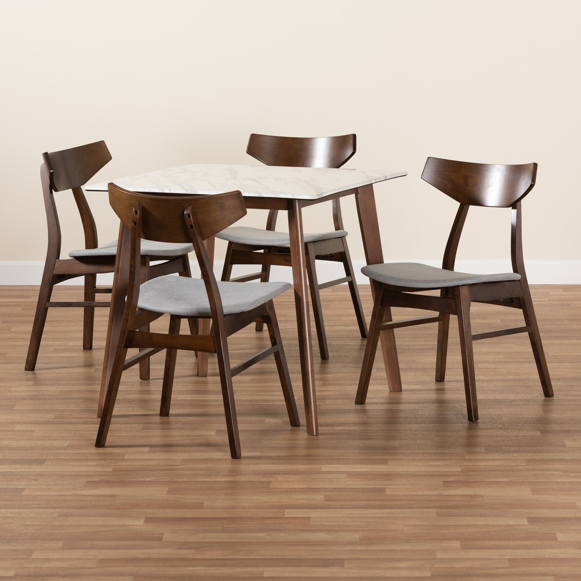 Baxton Studio Pearson Mid-Century Modern Transitional Light Grey Fabric Upholstered and Walnut Brown Finished Wood 5-Piece Dining Set with Faux Marble Table