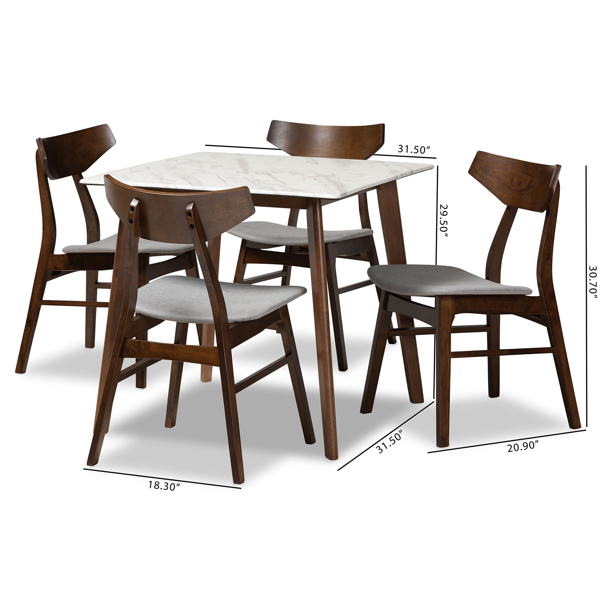 Baxton Studio Pearson Mid-Century Modern Transitional Light Grey Fabric Upholstered and Walnut Brown Finished Wood 5-Piece Dining Set with Faux Marble Table