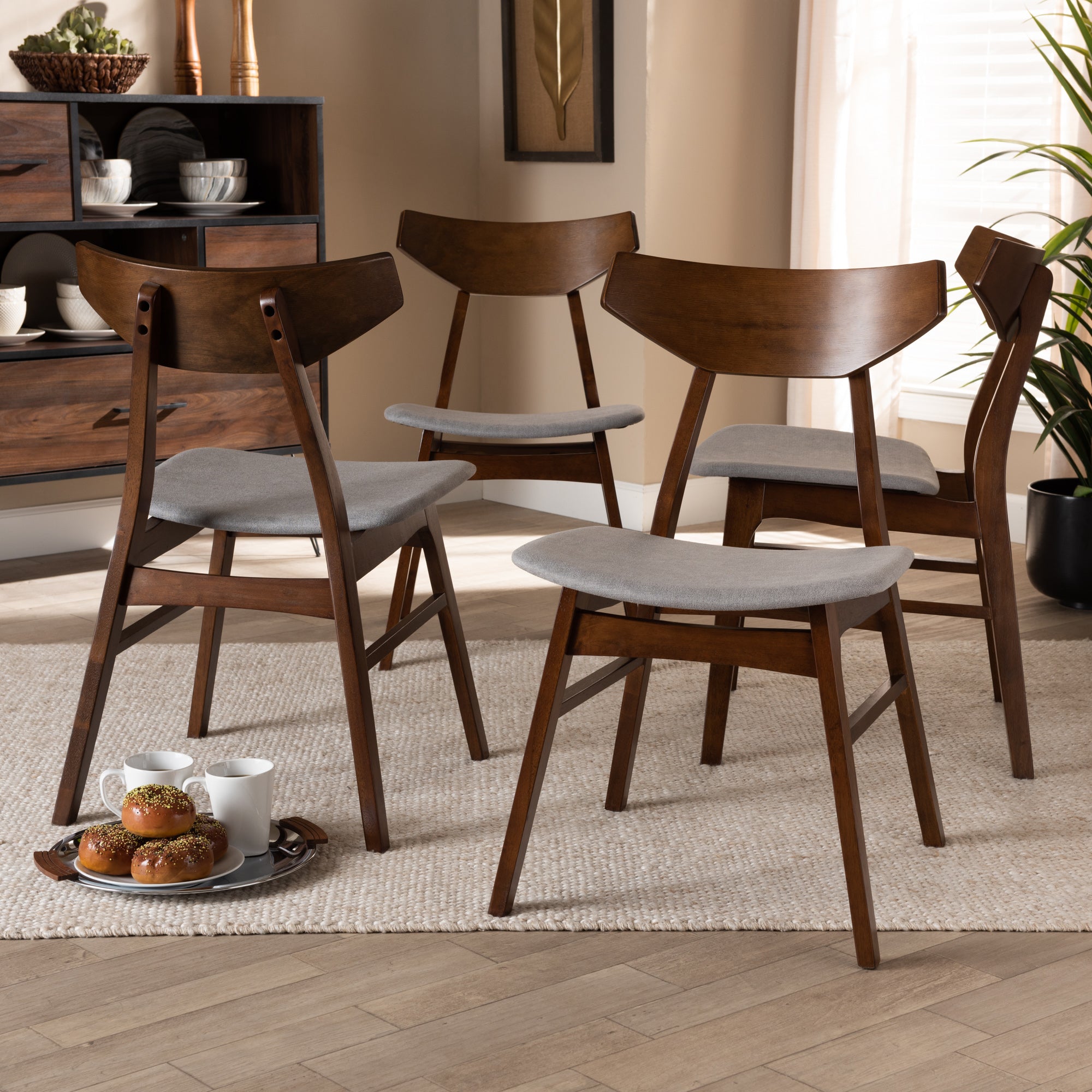 Baxton Studio Danica Mid-Century Modern Transitional Light Grey Fabric Upholstered and Walnut Brown Finished Wood 4-Piece Dining Chair Set