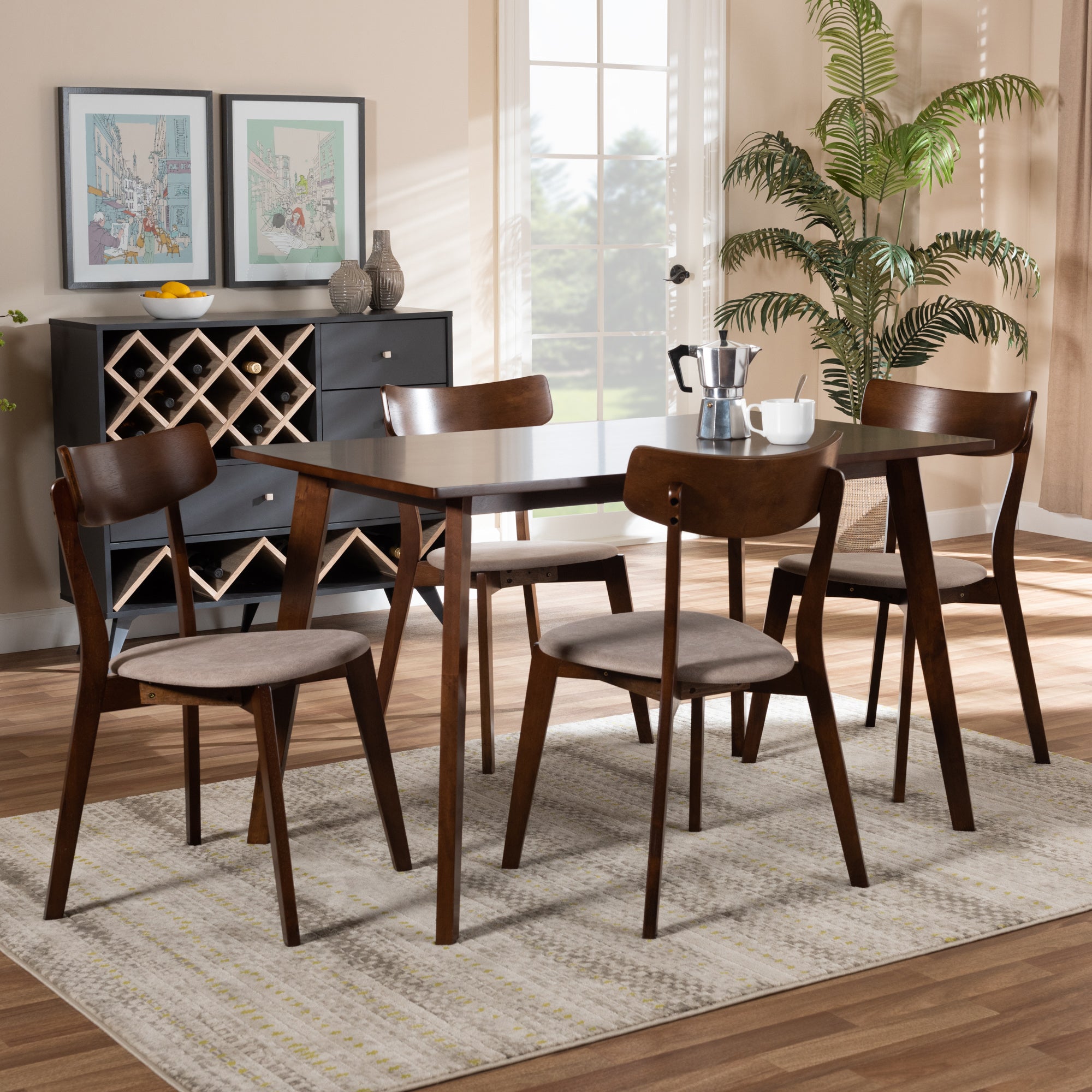 Baxton Studio Nori Mid-Century Modern Transitional Light Beige Fabric Upholstered and Walnut Brown Finished Wood 5-Piece Dining Set