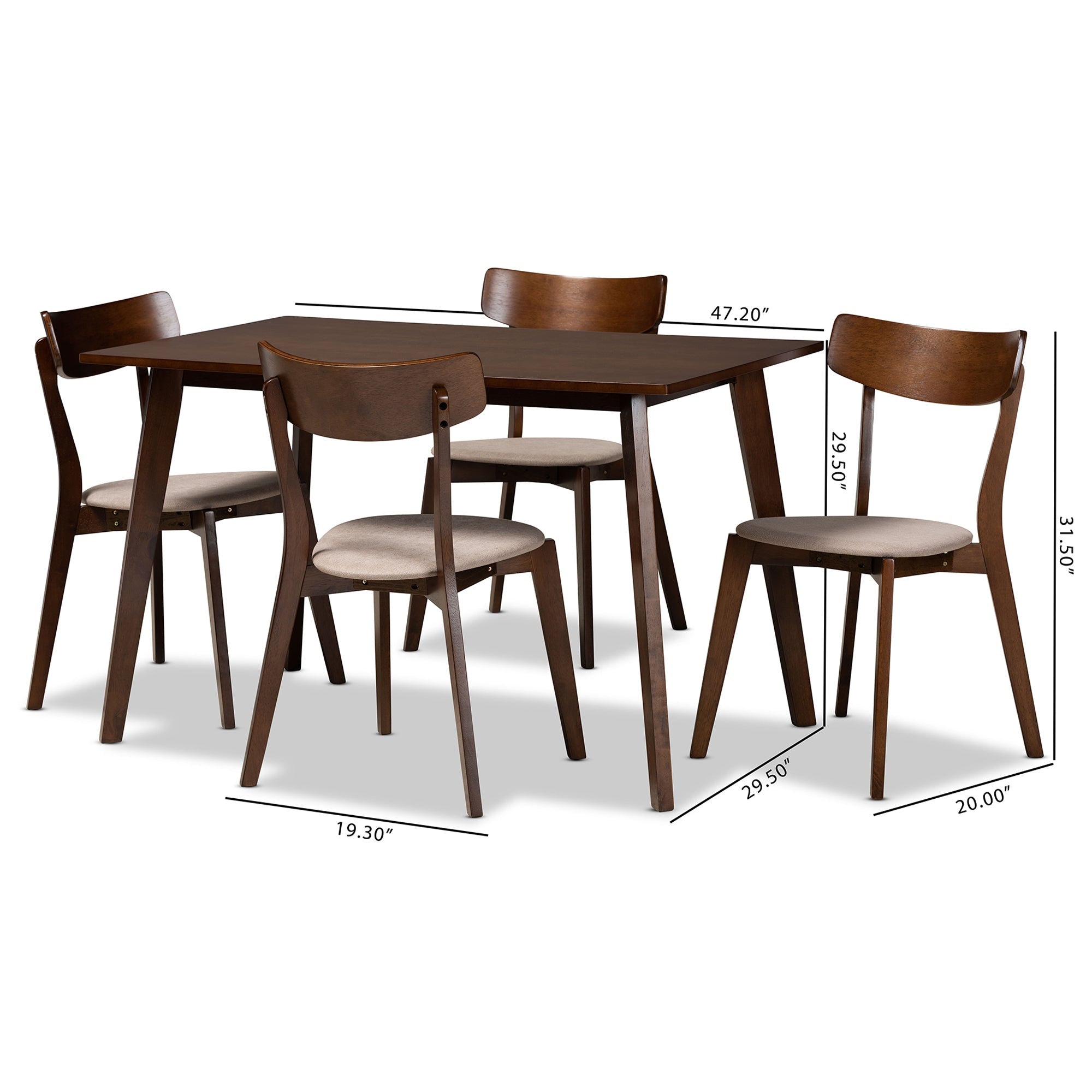Baxton Studio Nori Mid-Century Modern Transitional Light Beige Fabric Upholstered and Walnut Brown Finished Wood 5-Piece Dining Set