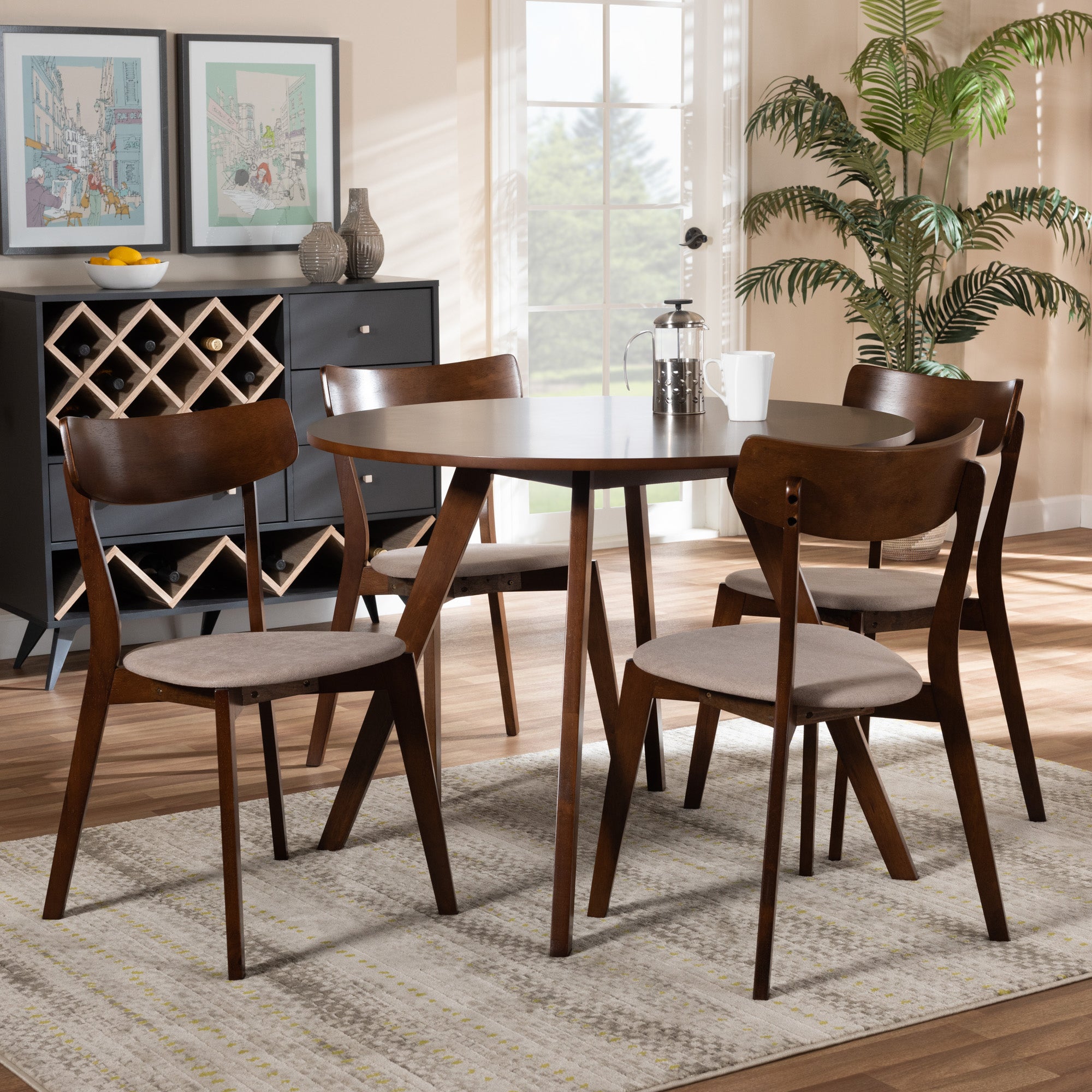 Baxton Studio Rika Mid-Century Modern Transitional Light Beige Fabric Upholstered and Walnut Brown Finished Wood 5-Piece Dining Set