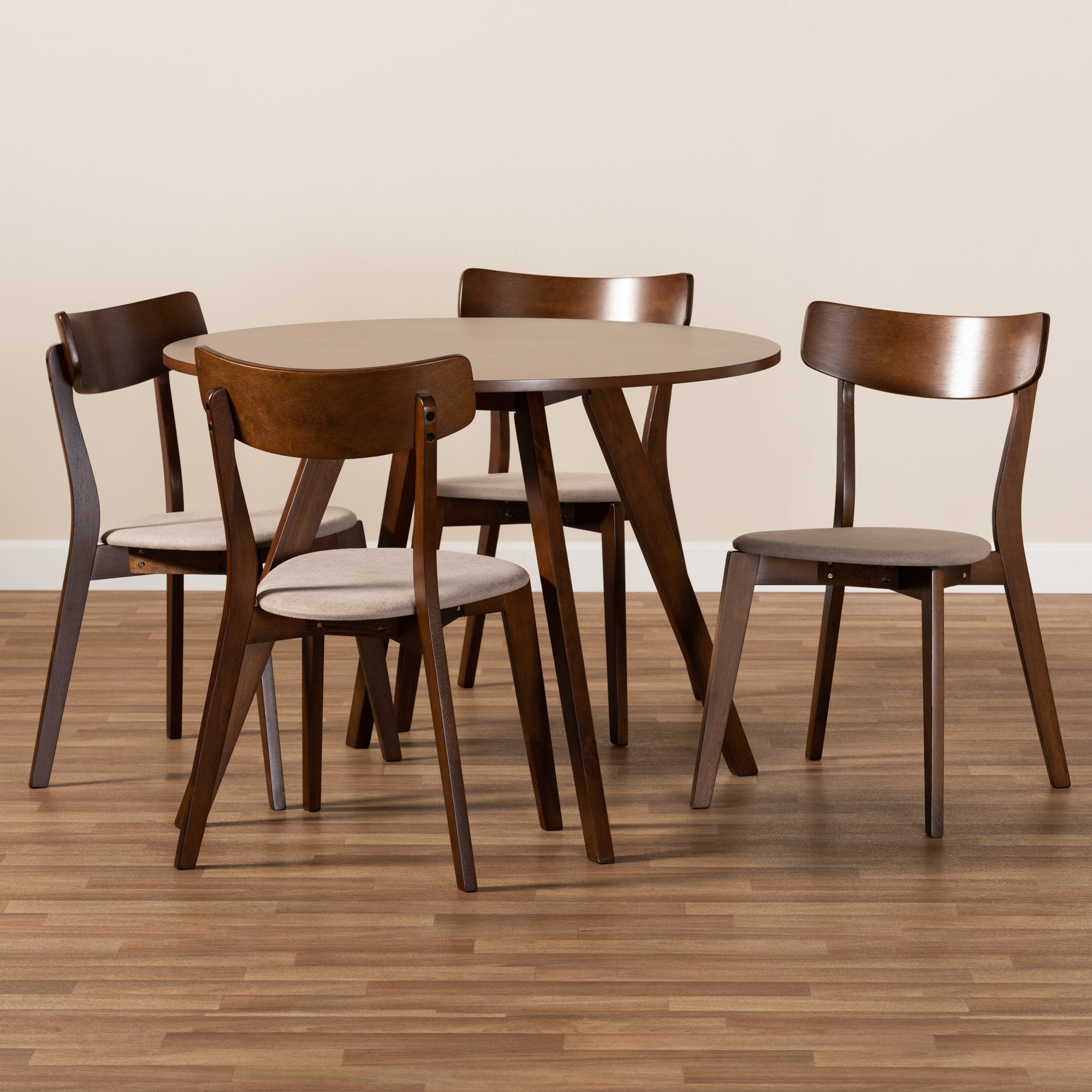 Baxton Studio Rika Mid-Century Modern Transitional Light Beige Fabric Upholstered and Walnut Brown Finished Wood 5-Piece Dining Set