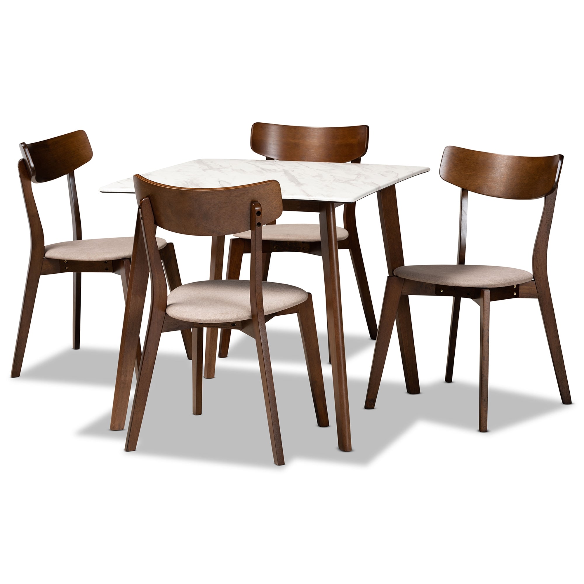 Baxton Studio Reba Mid-Century Modern Light Beige Fabric Upholstered and Walnut Brown Finished Wood 5-Piece Dining Set with Faux Marble Dining Table