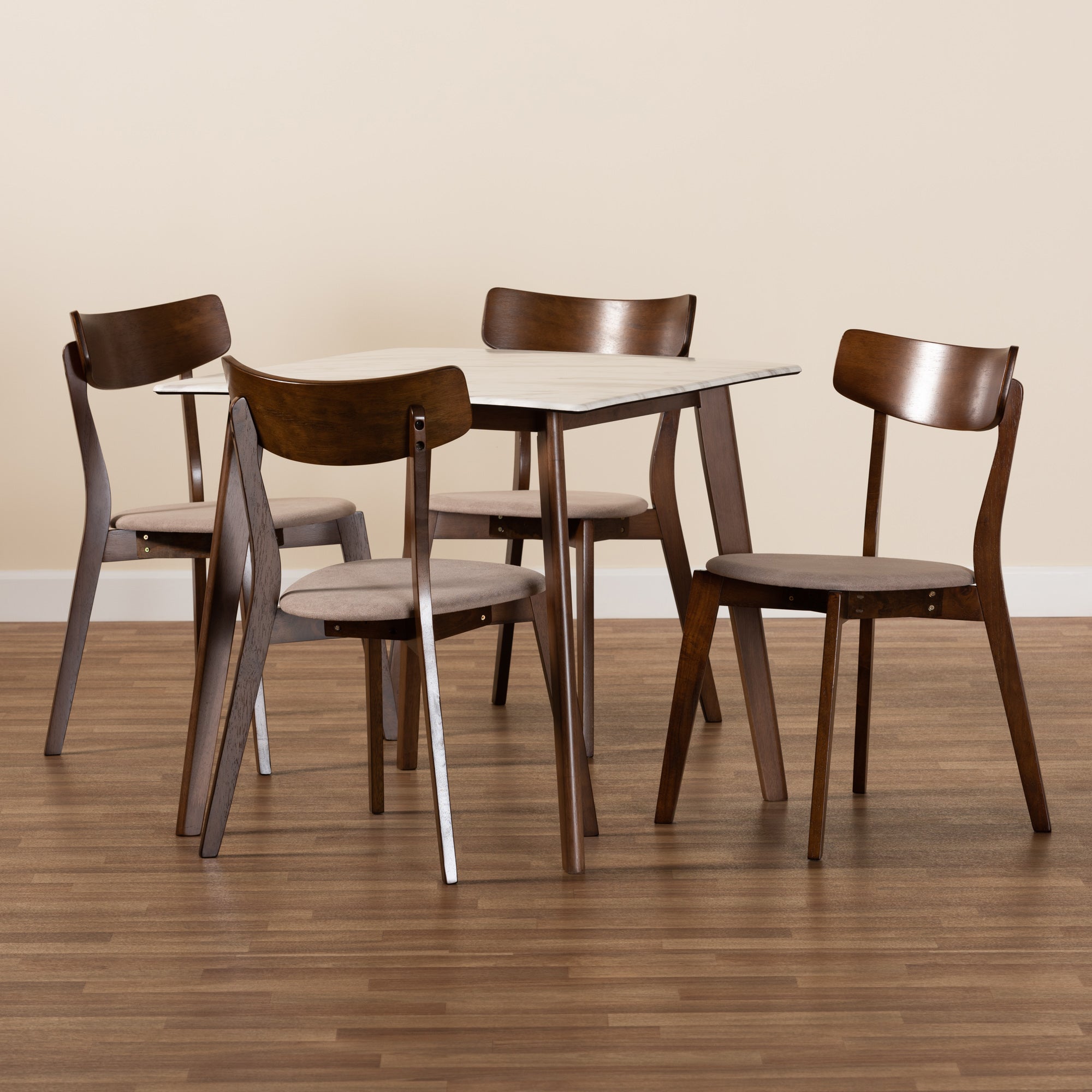 Baxton Studio Reba Mid-Century Modern Light Beige Fabric Upholstered and Walnut Brown Finished Wood 5-Piece Dining Set with Faux Marble Dining Table