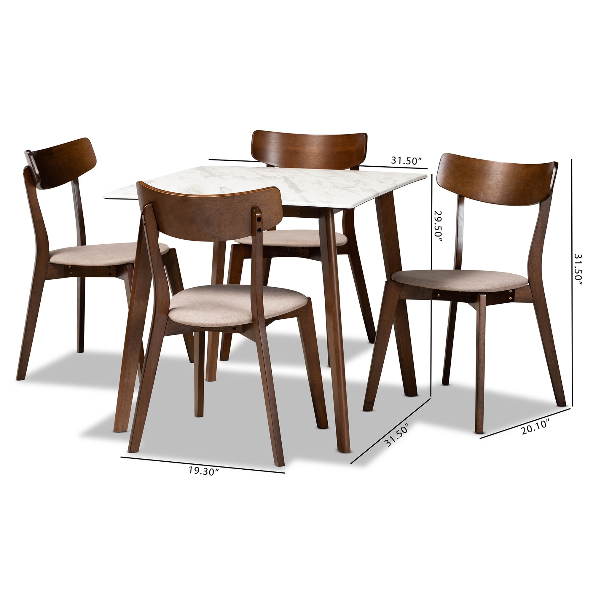 Baxton Studio Reba Mid-Century Modern Light Beige Fabric Upholstered and Walnut Brown Finished Wood 5-Piece Dining Set with Faux Marble Dining Table