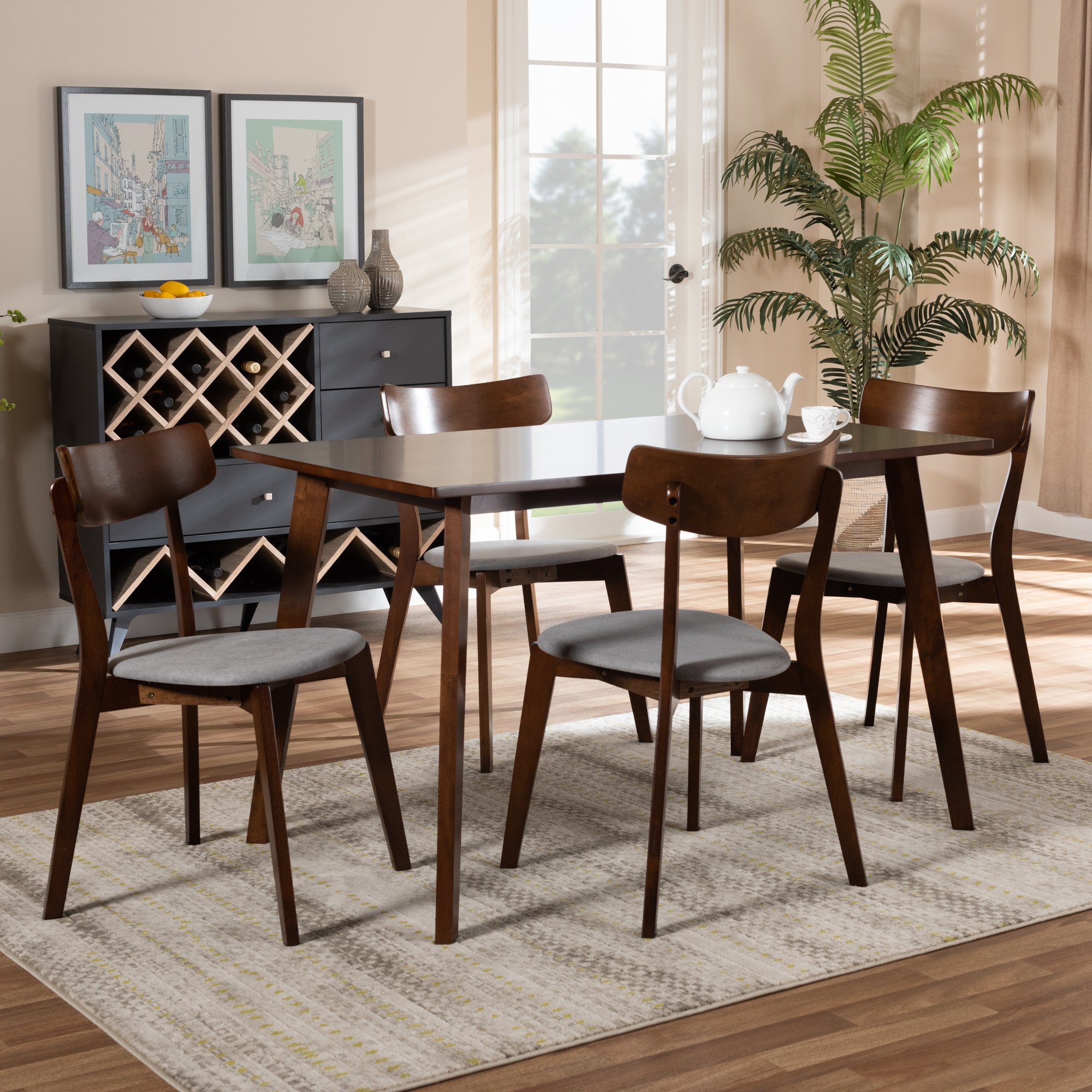 Baxton Studio Nori Mid-Century Modern Transitional Light Grey Fabric Upholstered and Walnut Brown Finished Wood 5-Piece Dining Set