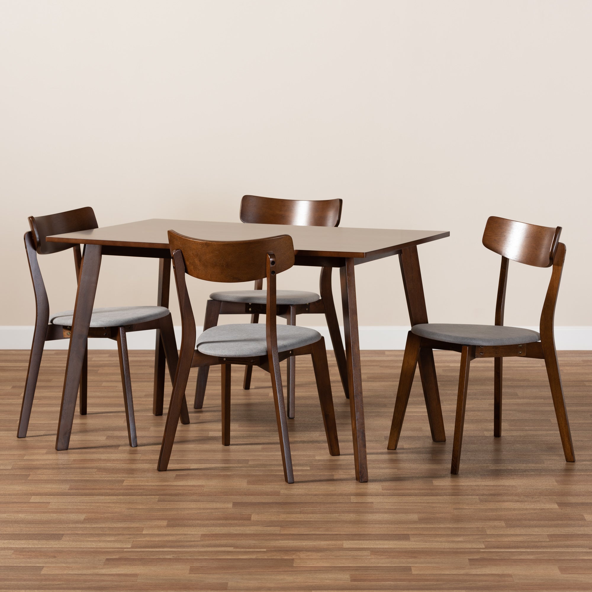 Baxton Studio Nori Mid-Century Modern Transitional Light Grey Fabric Upholstered and Walnut Brown Finished Wood 5-Piece Dining Set