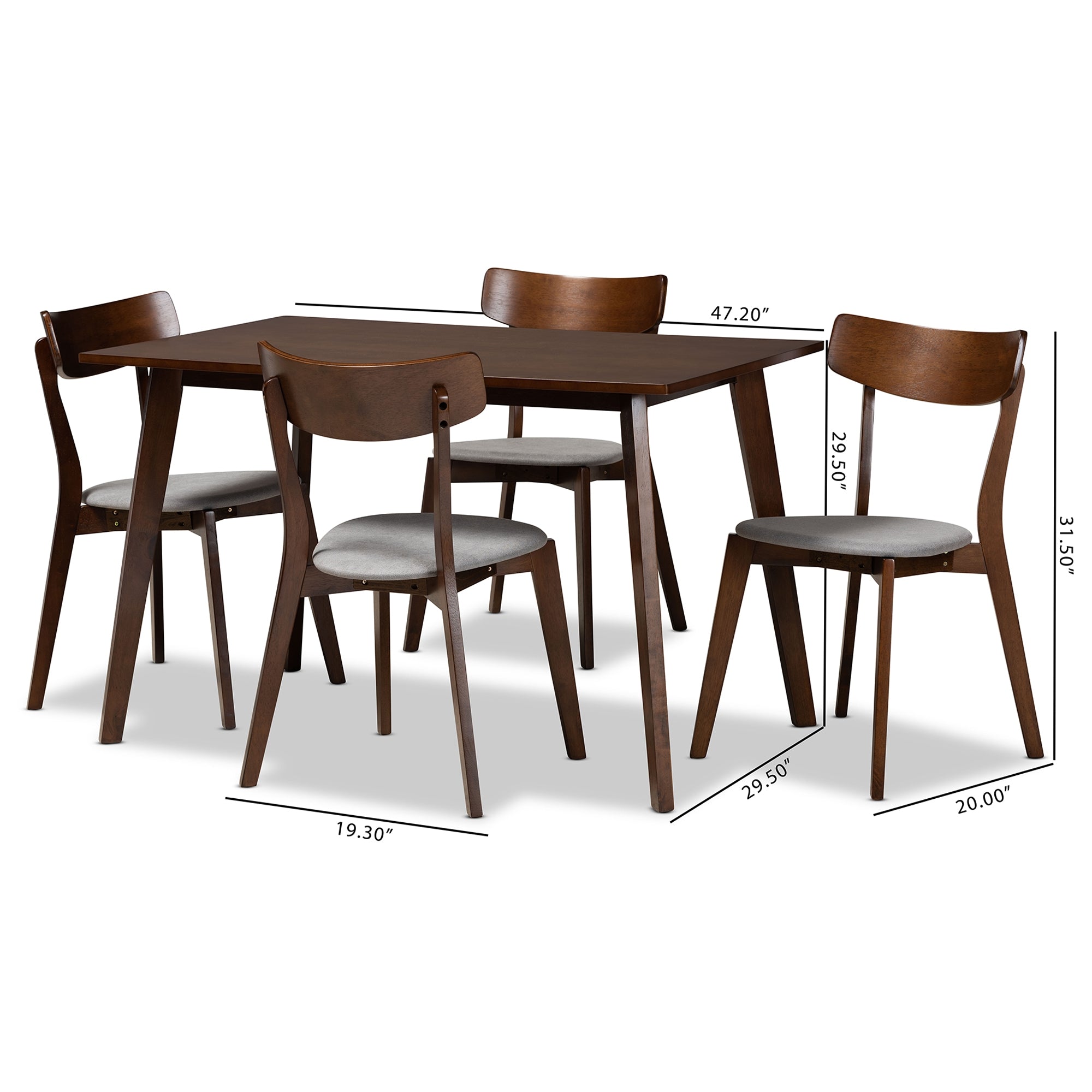 Baxton Studio Nori Mid-Century Modern Transitional Light Grey Fabric Upholstered and Walnut Brown Finished Wood 5-Piece Dining Set