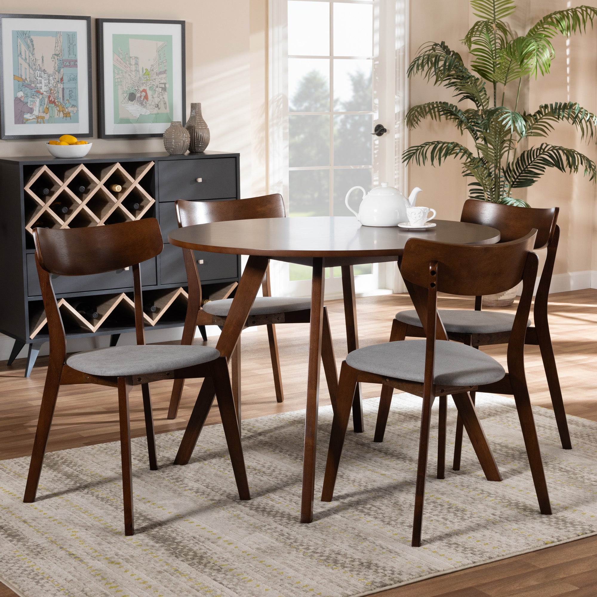 Baxton Studio Rika Mid-Century Modern Transitional Light Grey Fabric Upholstered and Walnut Brown Finished Wood 5-Piece Dining Set